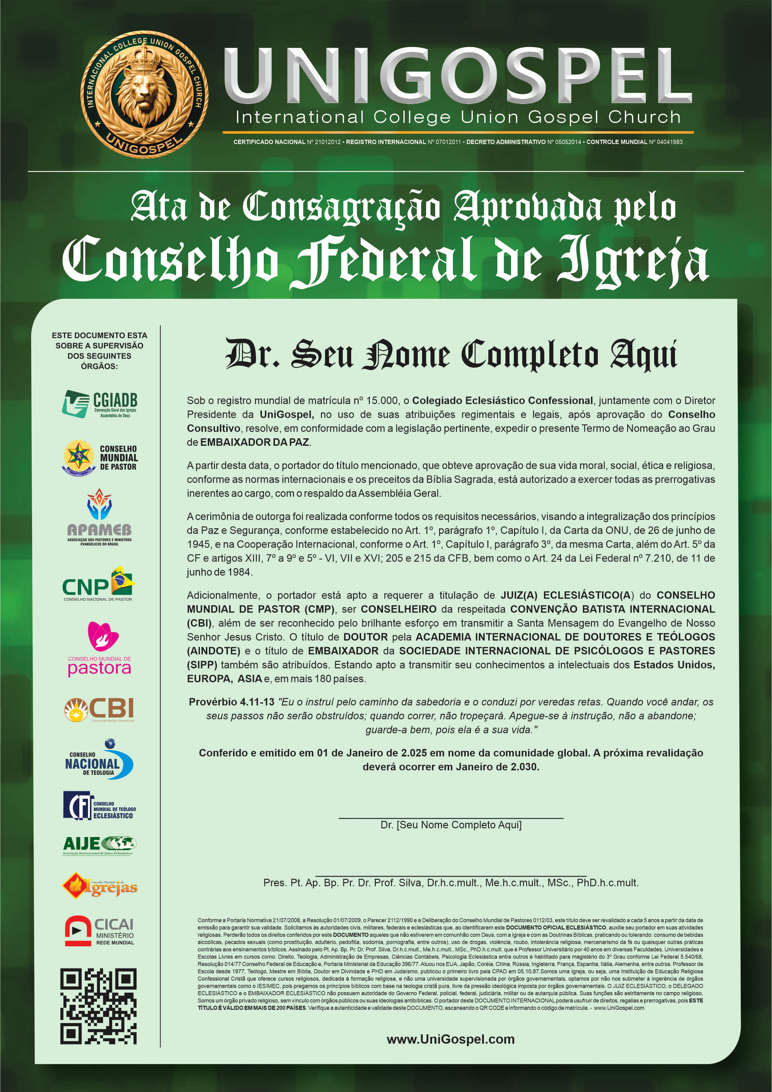 Ata de Consagração Aprovada pelo Conselho Federal de Igreja