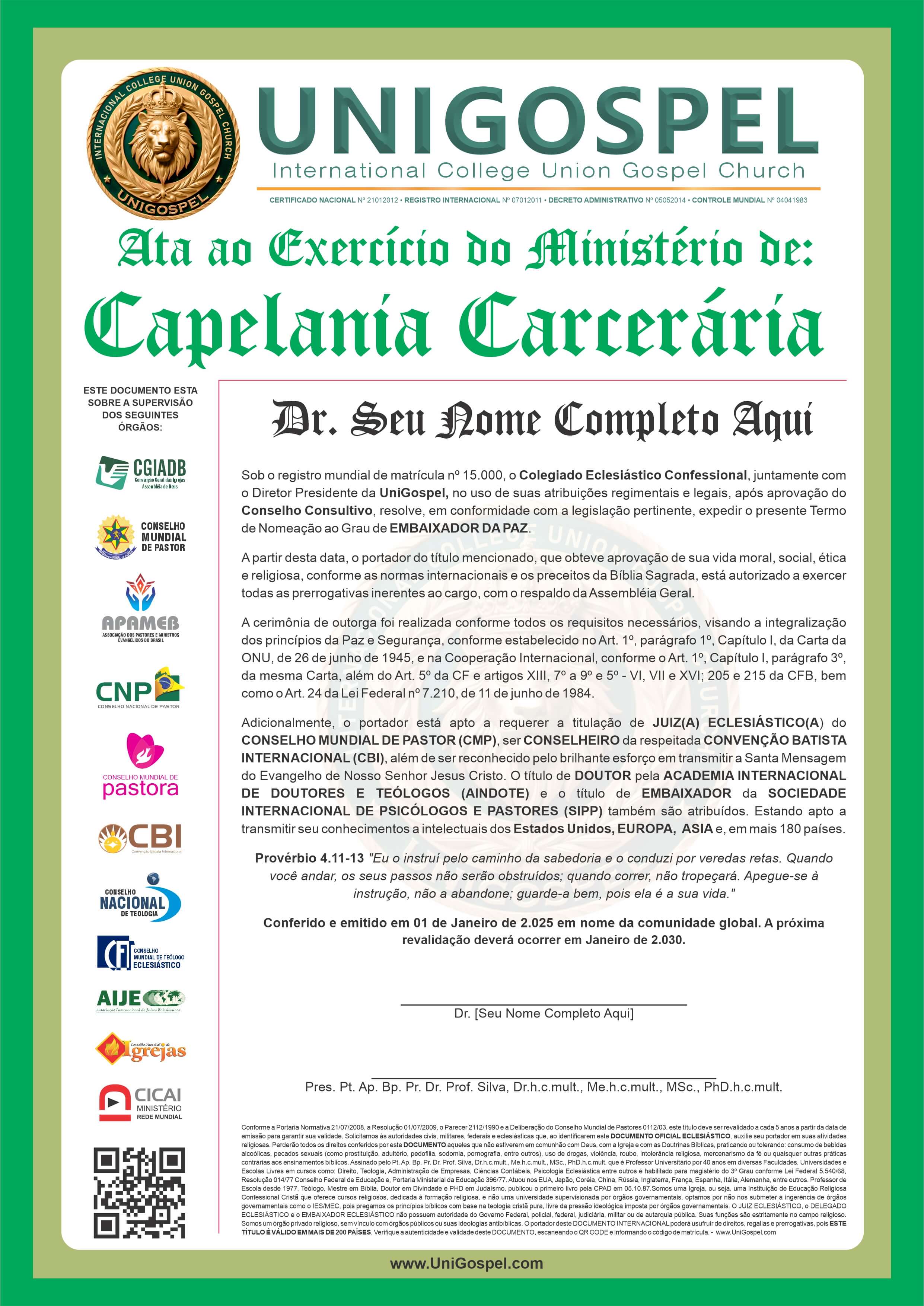 Ata de Exercício do Ministério de Capelania Carcerária