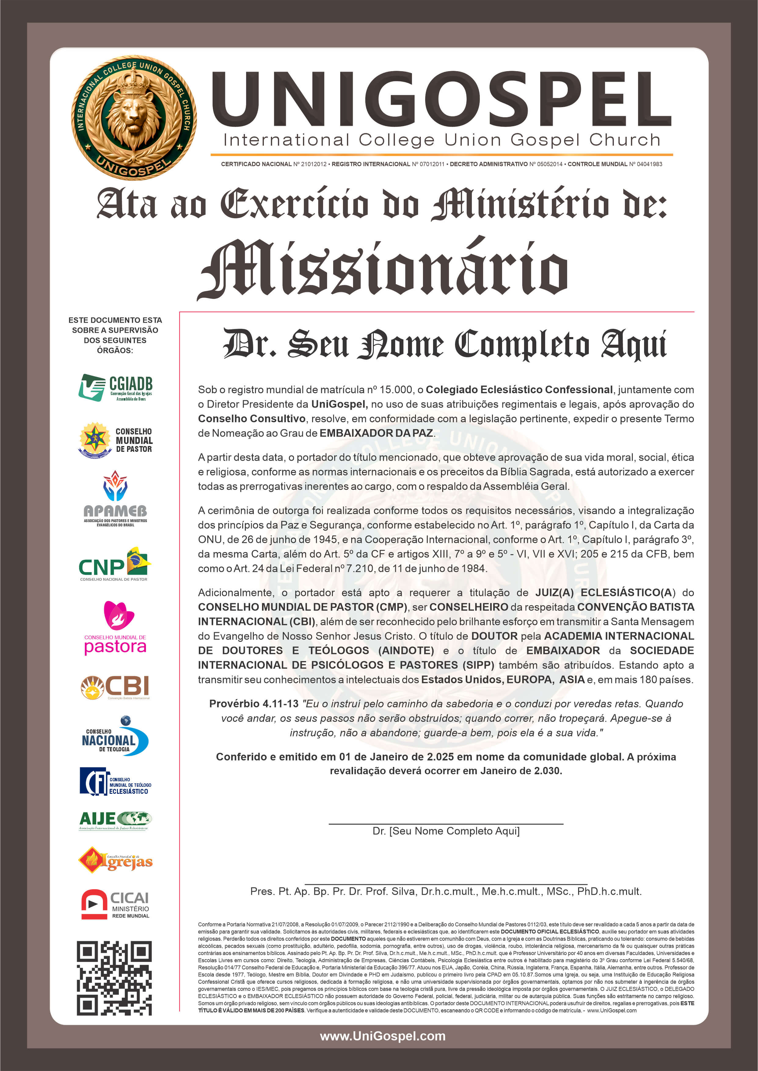 Ata de Exercício do Ministério de Missionário