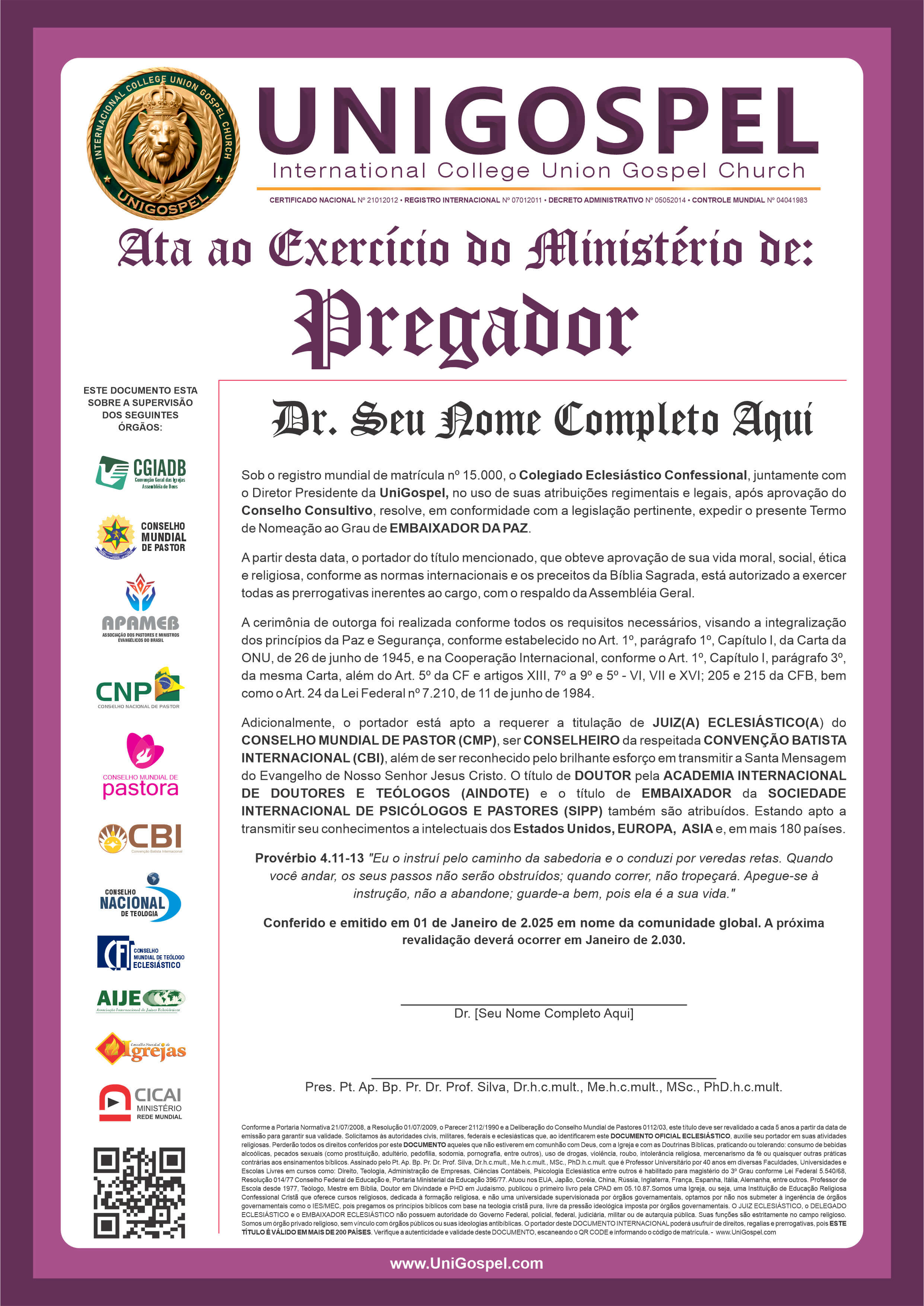 Ata de Exercício do Ministério de Pregador