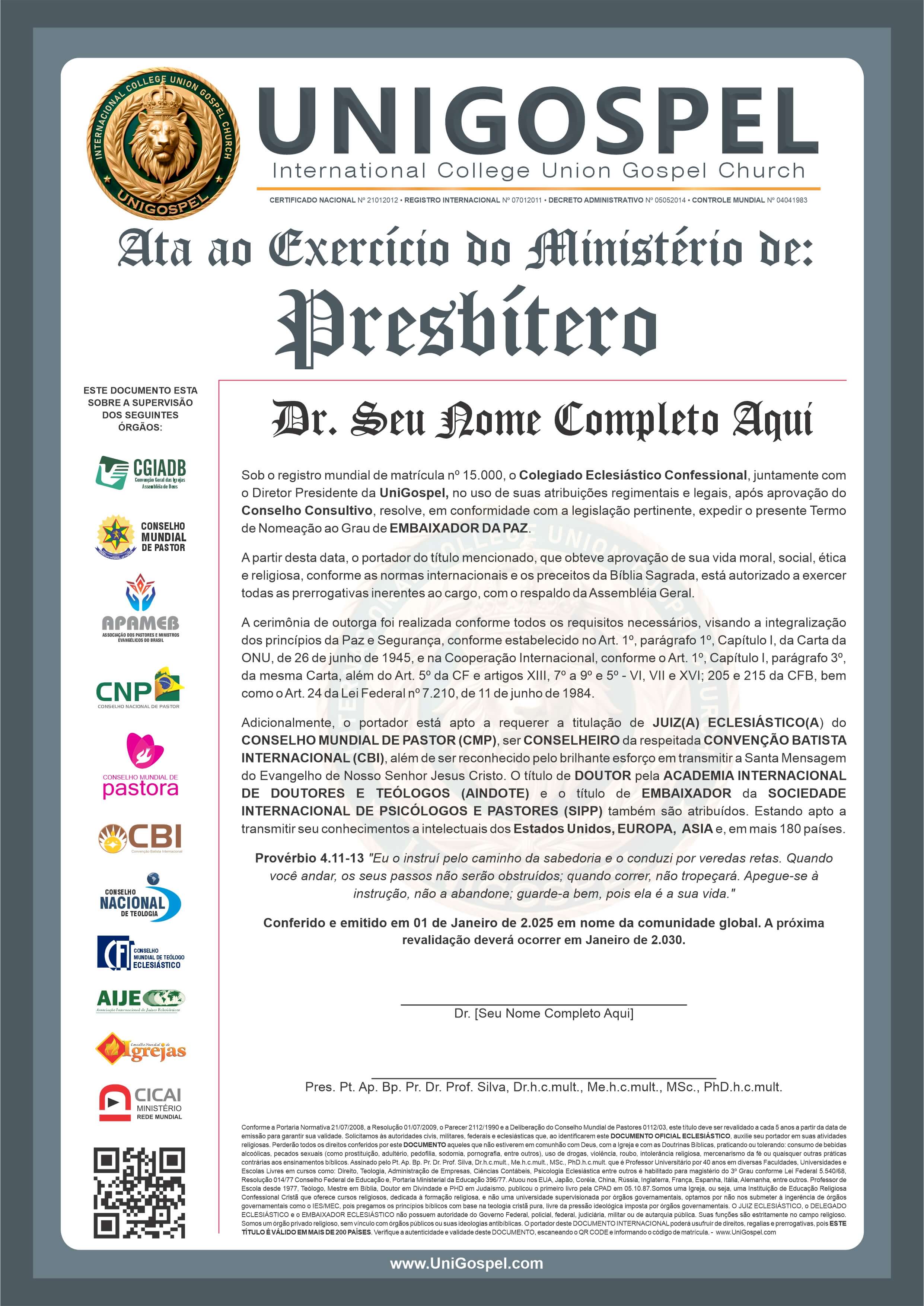 Ata de Exercício do Ministério de Presbítero
