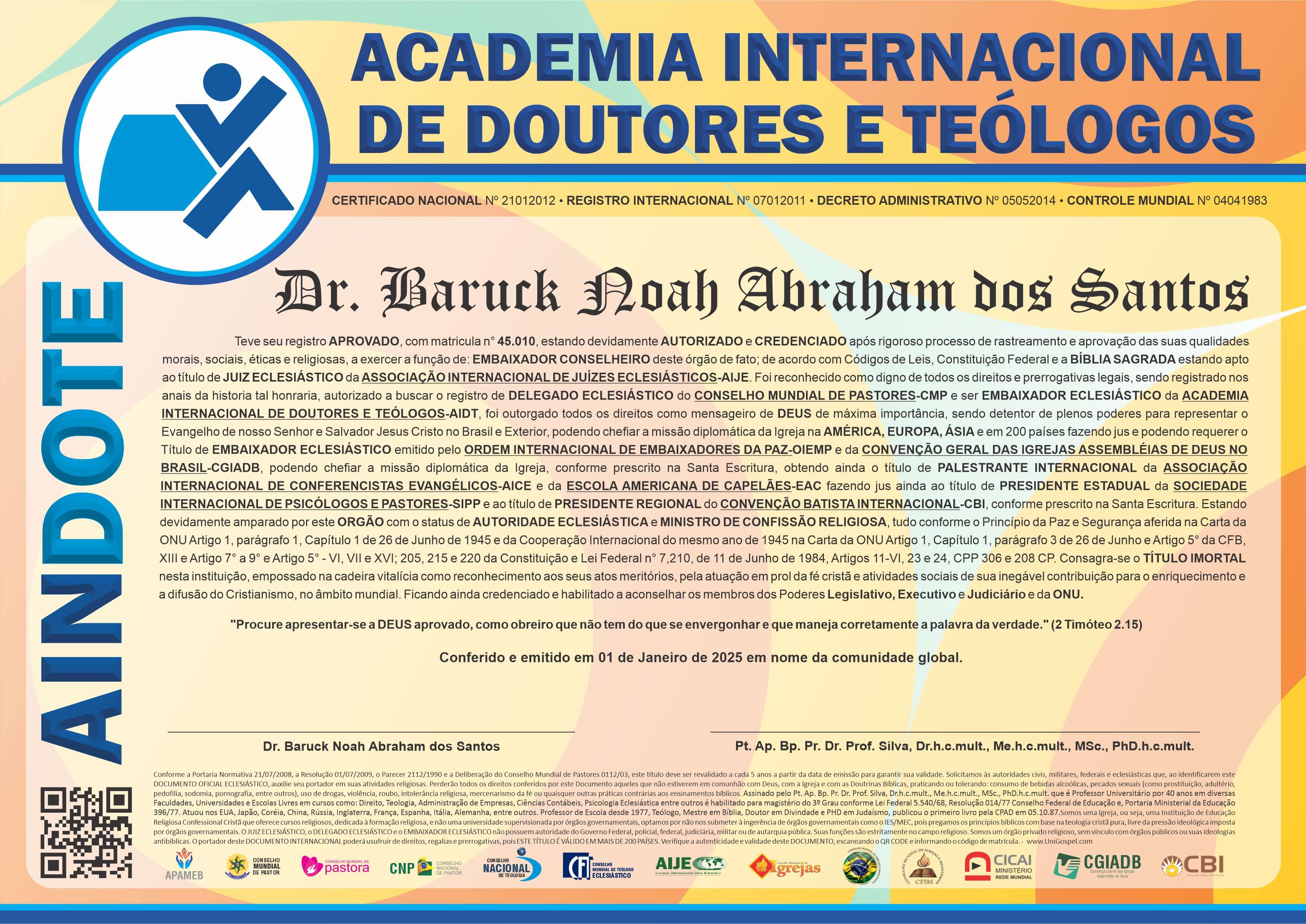 Diploma de Membro Academia Internacional de Doutores e Teólogos