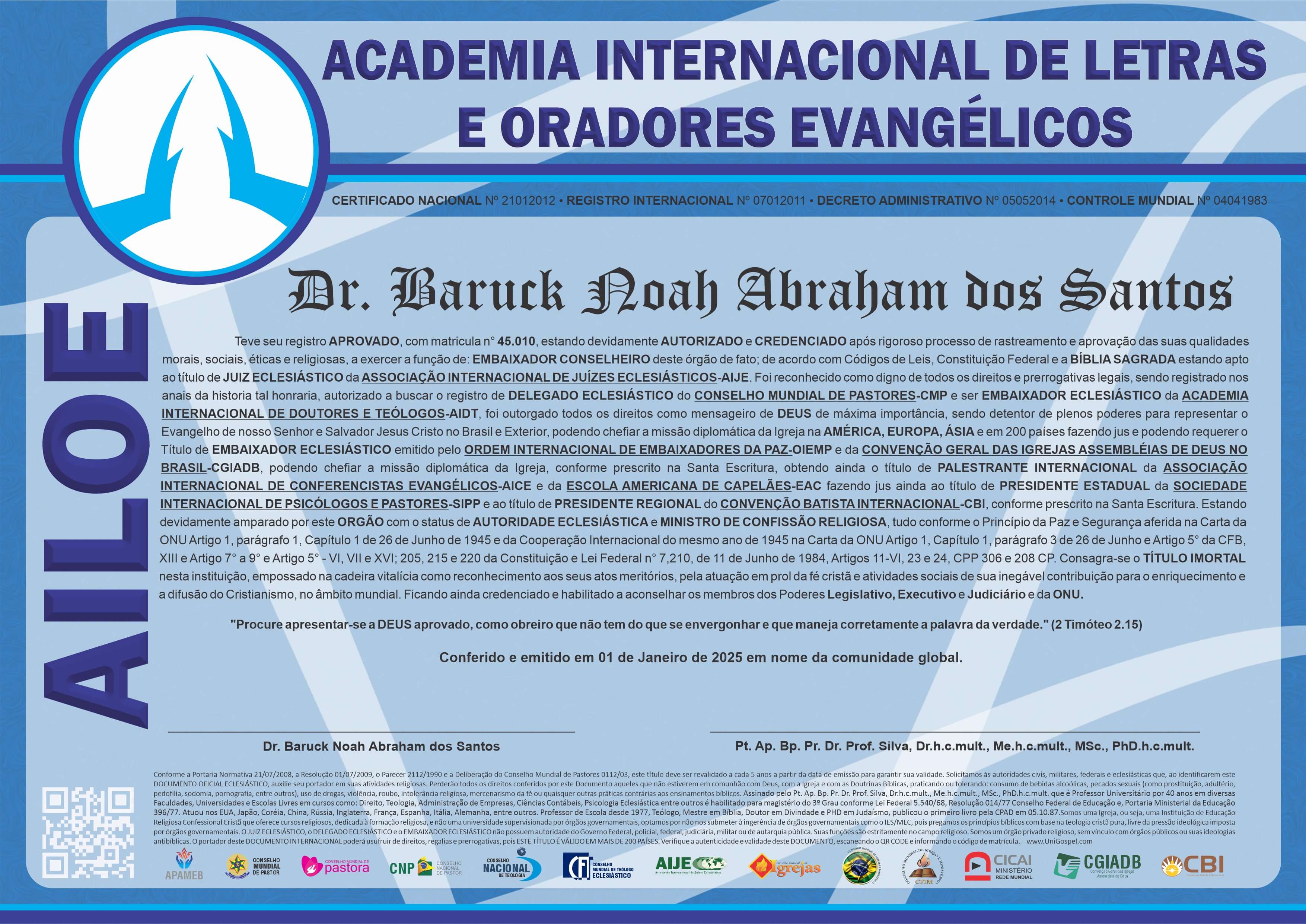 Diploma de Membro Academia Internacional de Letras e Oradores Evangélicos