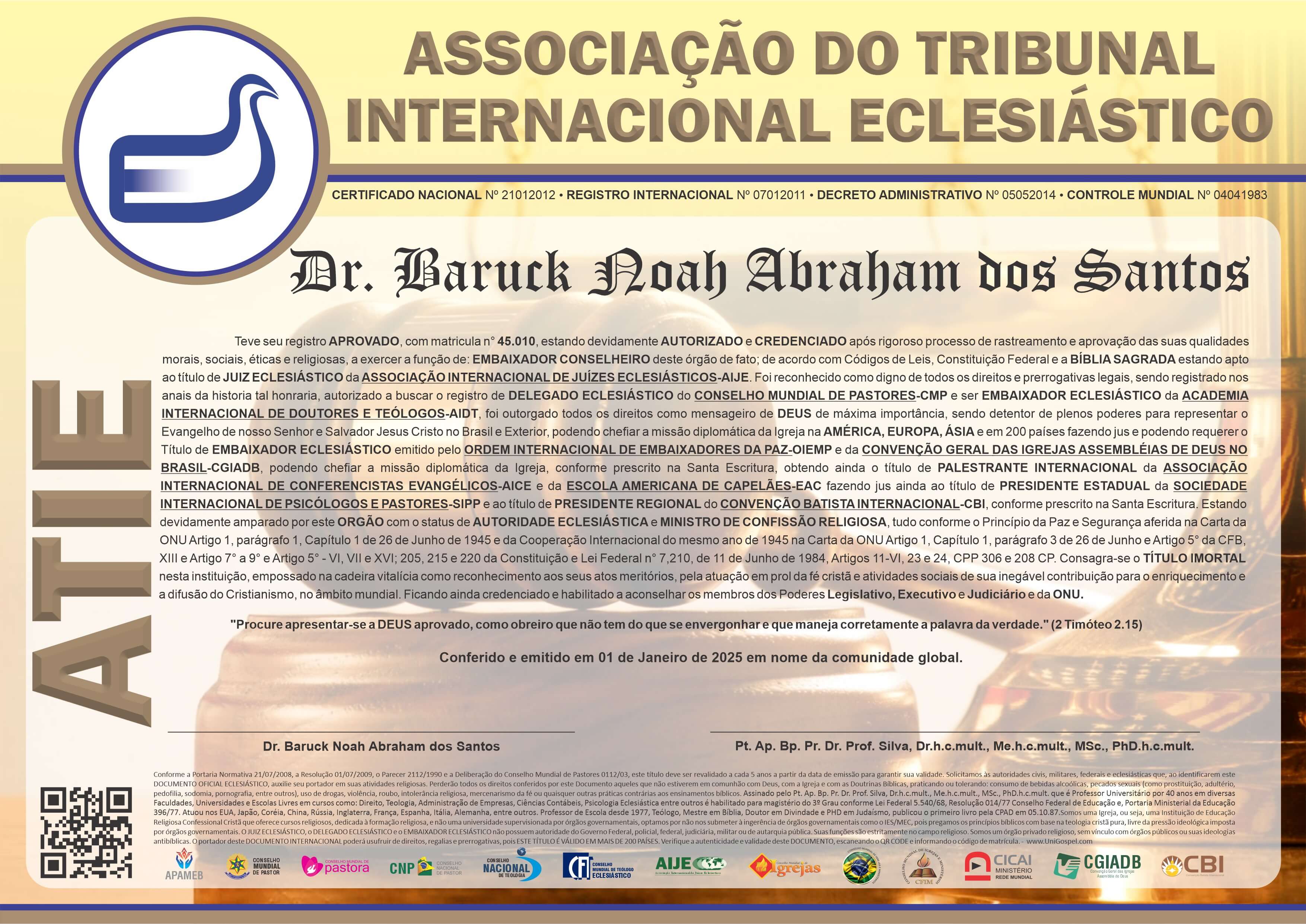 Diploma de Membro Associação do Tribunal Internacional Eclesiástico
