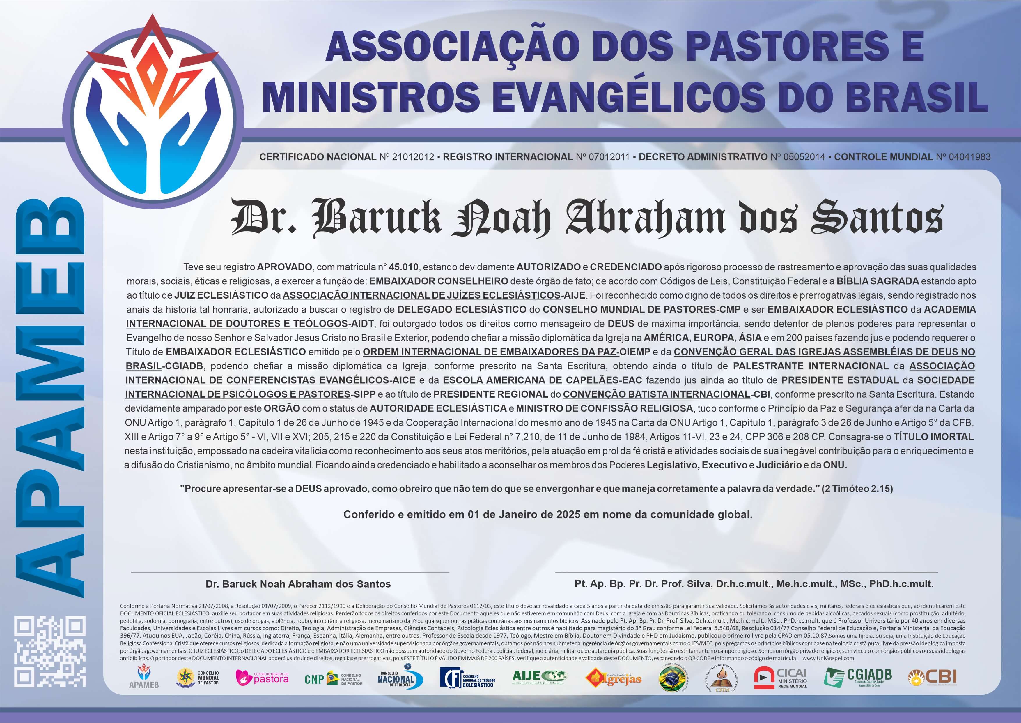 Diploma de Membro Associação dos Pastores e Ministros Evangélicos do Brasil