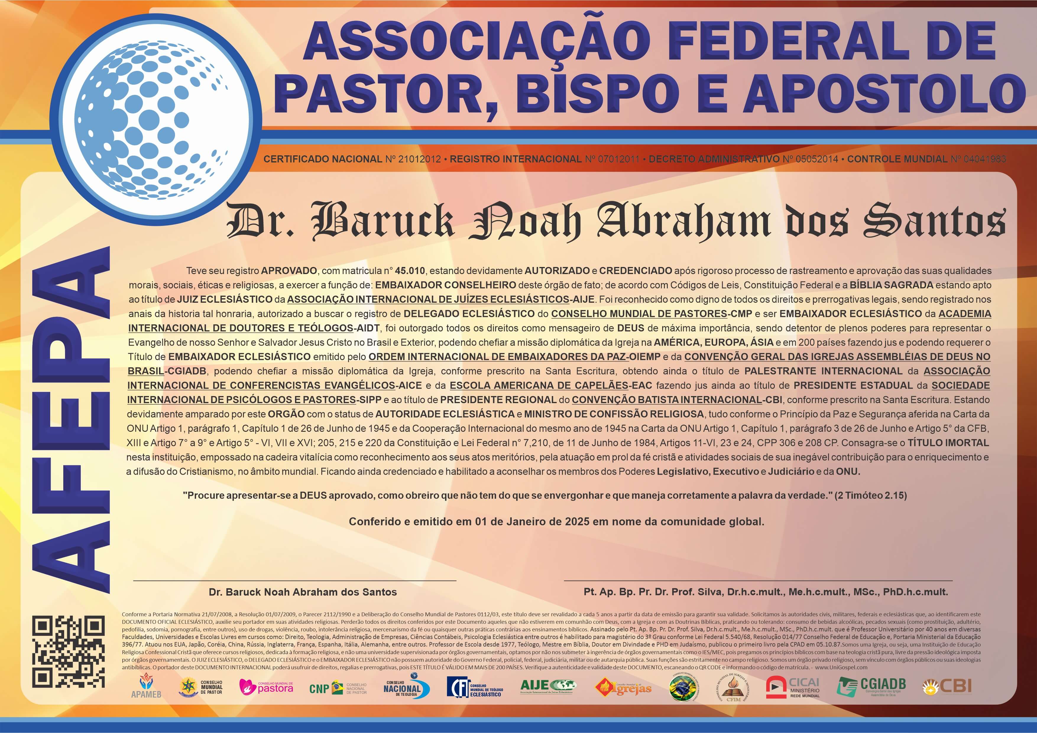Diploma de Membro Associação Federal de Pastor, Bispo e Apóstolo