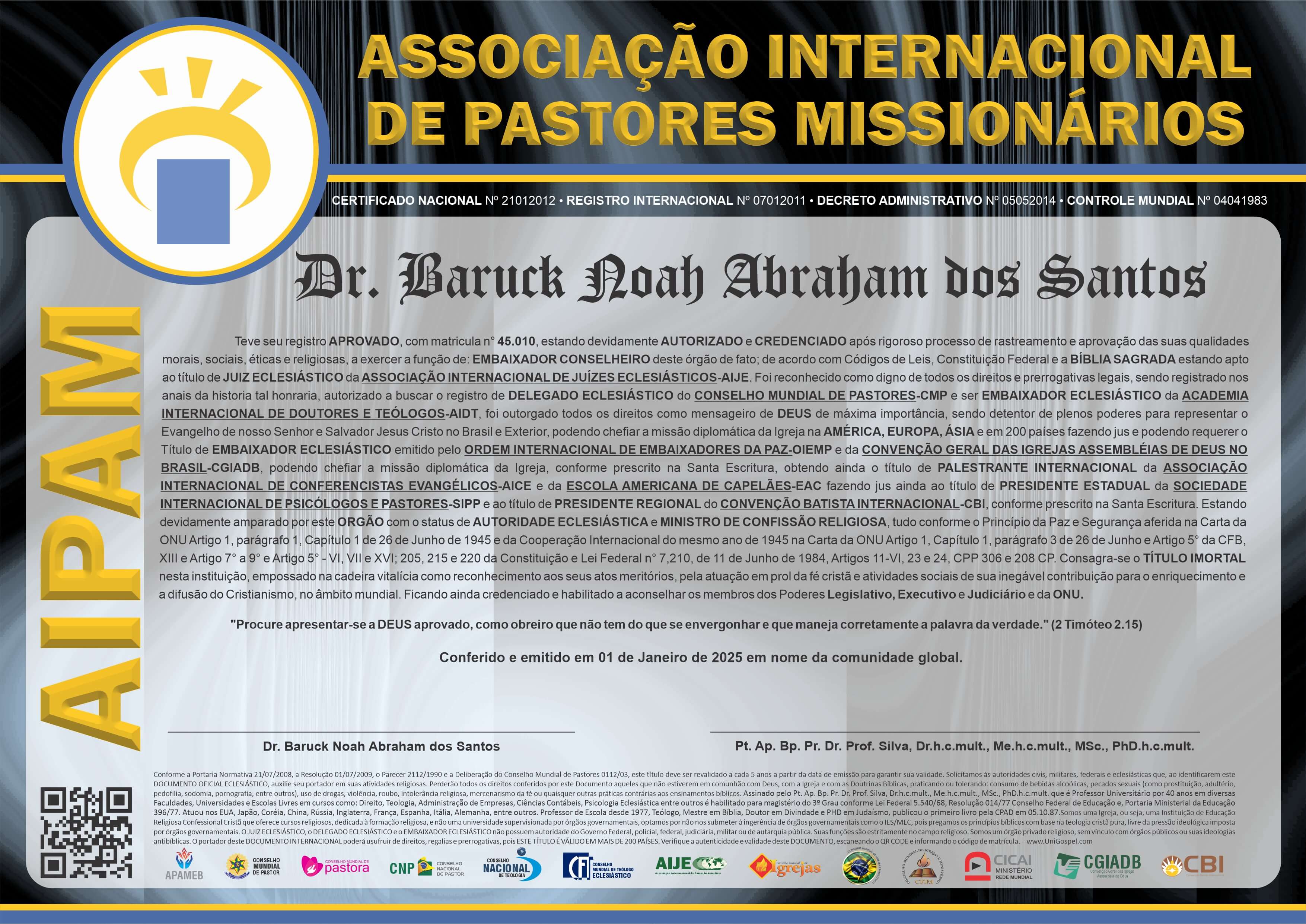 Diploma de Membro Associação Internacional de Pastores Missionários