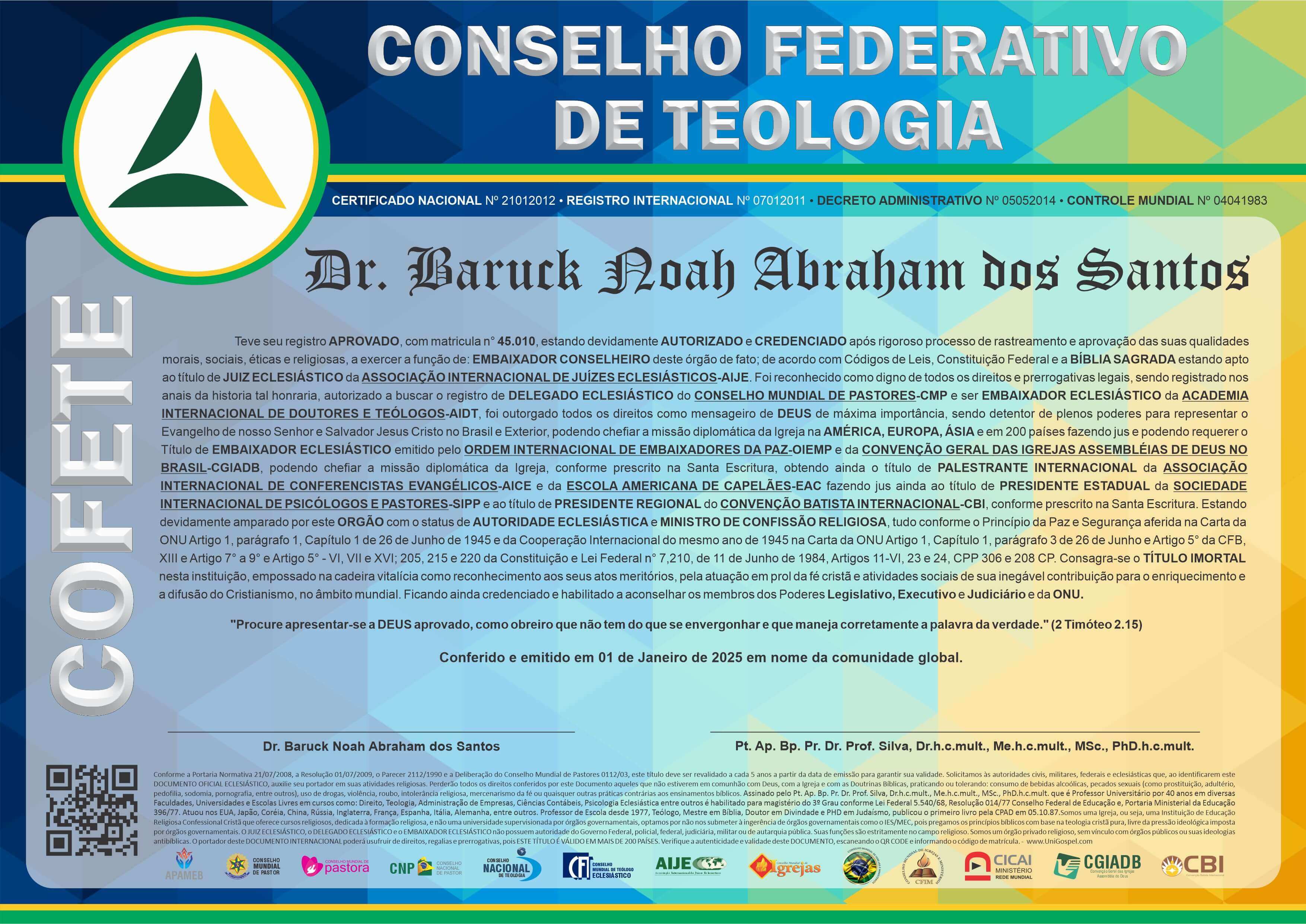 Diploma de Membro Conselho Federativo de Teologia
