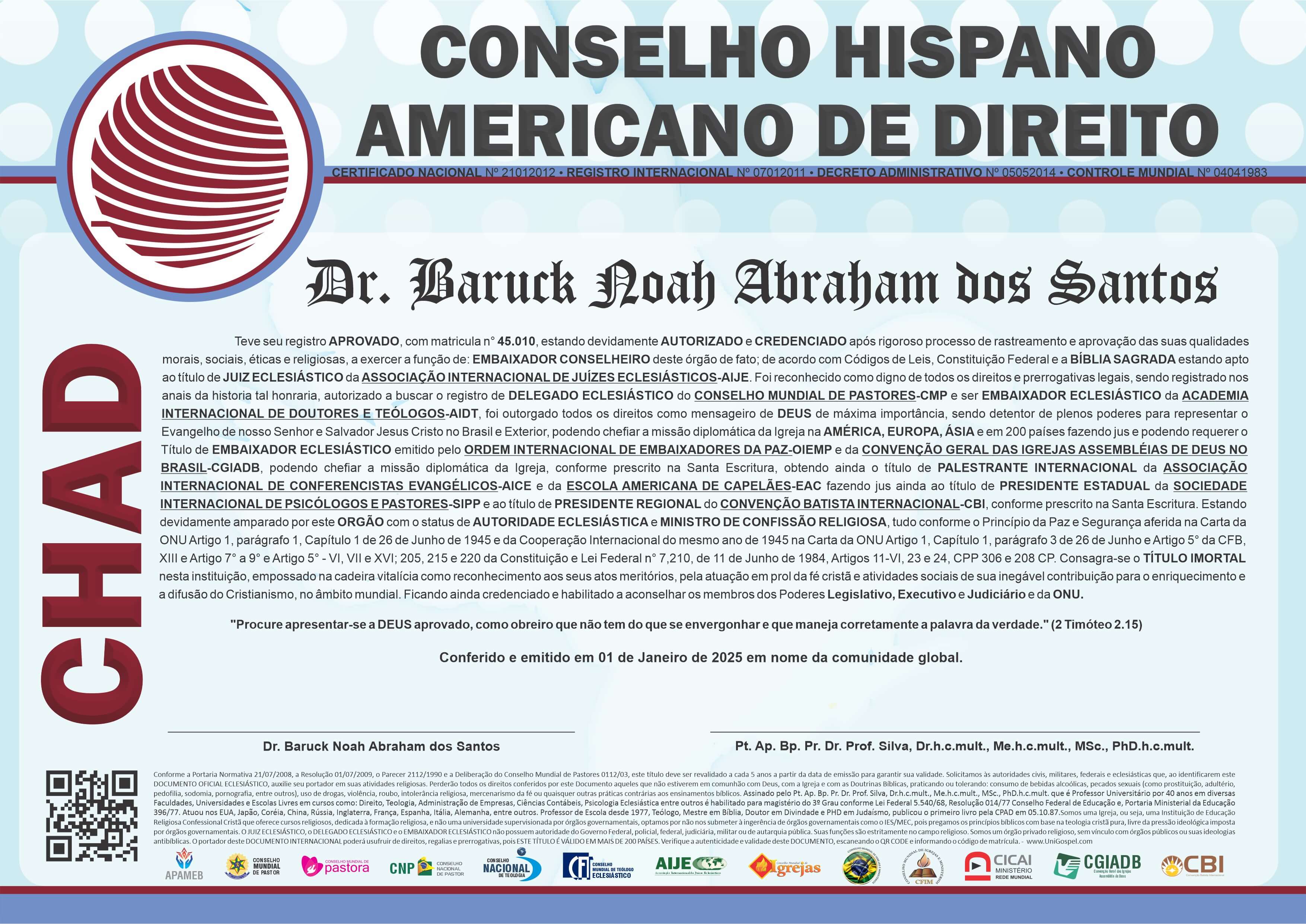 Diploma de Membro Conselho Hispano Americano de Direito