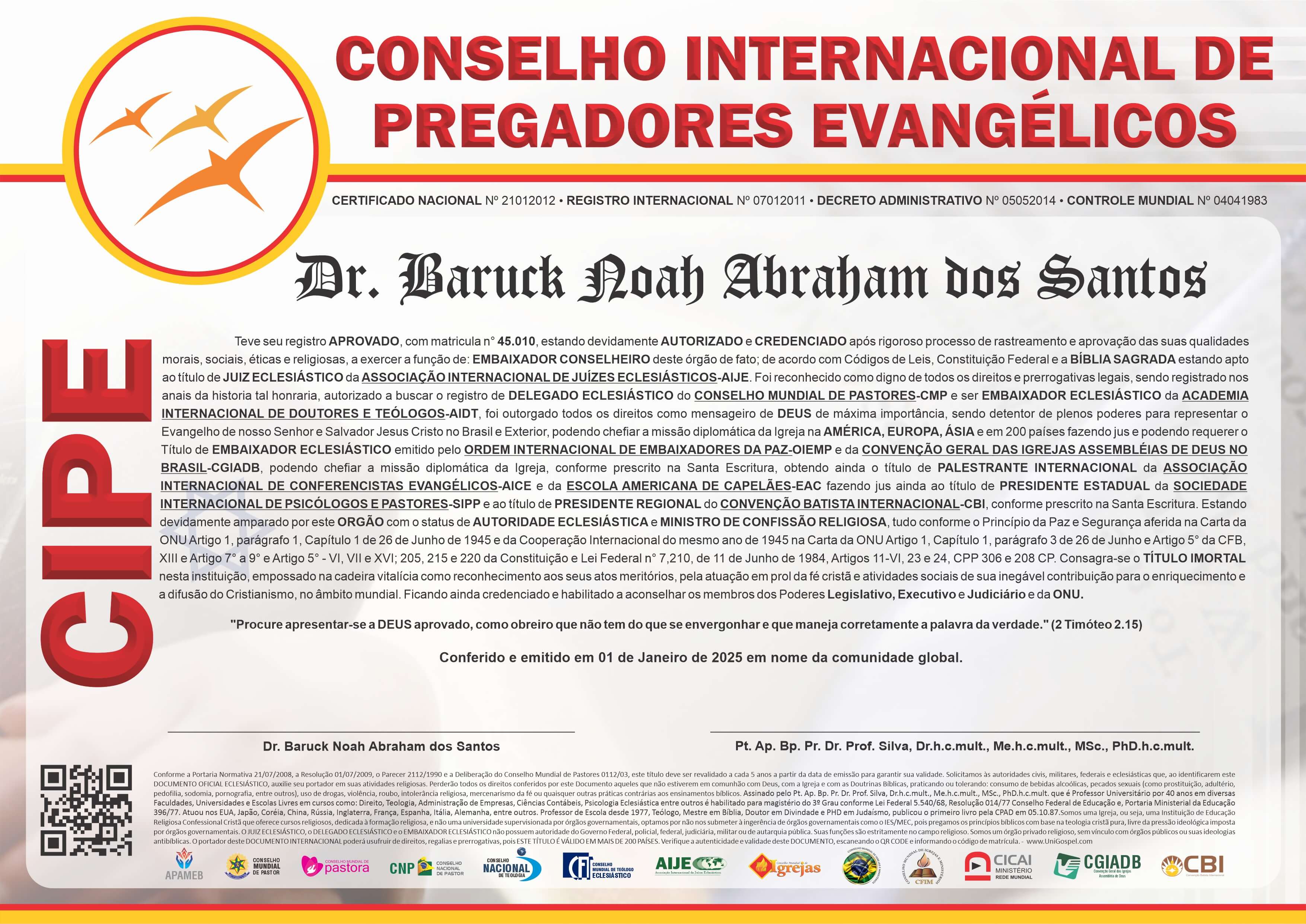 Diploma de Membro Conselho Internacional de Pregadores Evangélicos