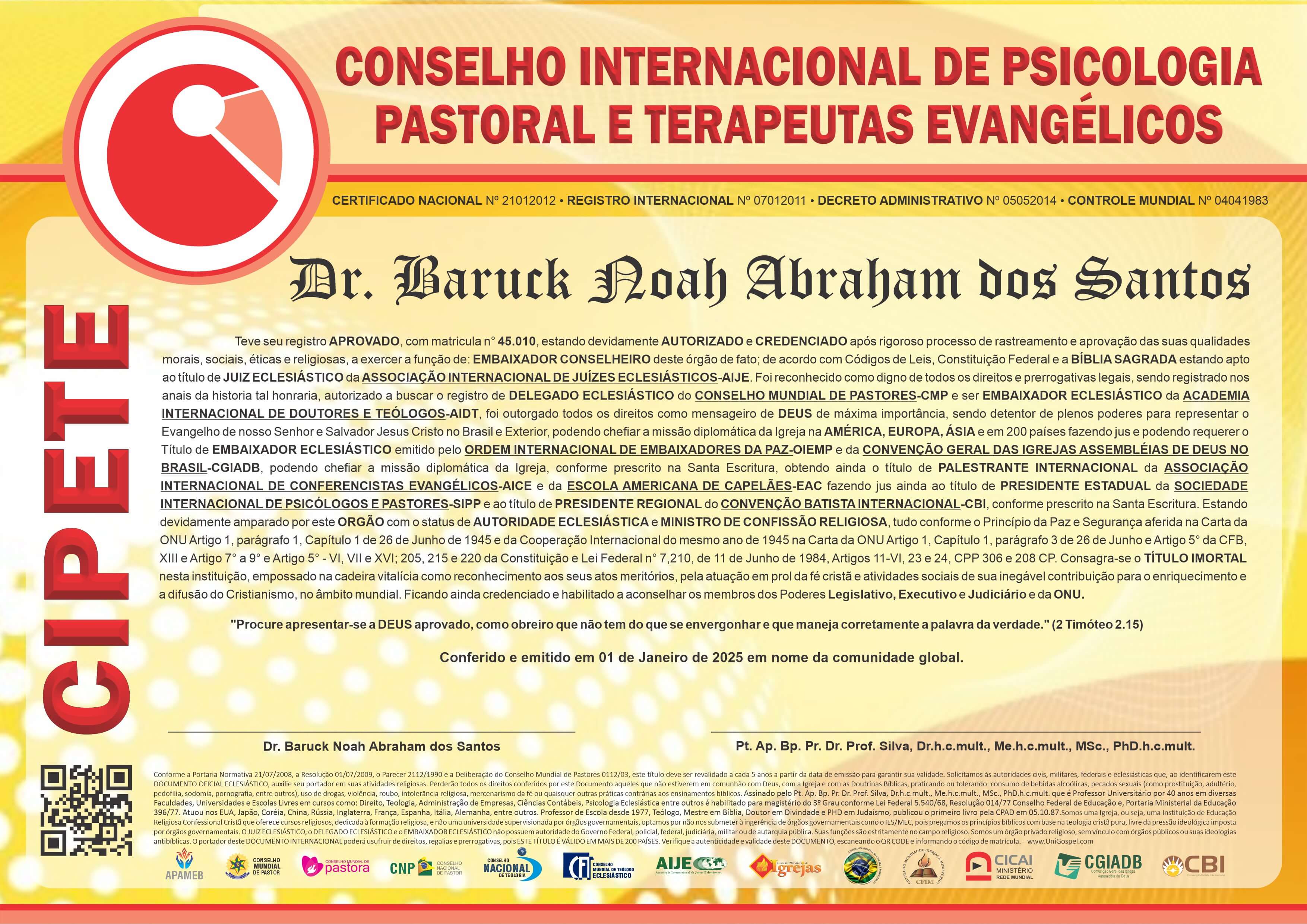 Diploma de Membro Conselho Internacional de Psicologia Pastoral e Terapeutas Evangélicos