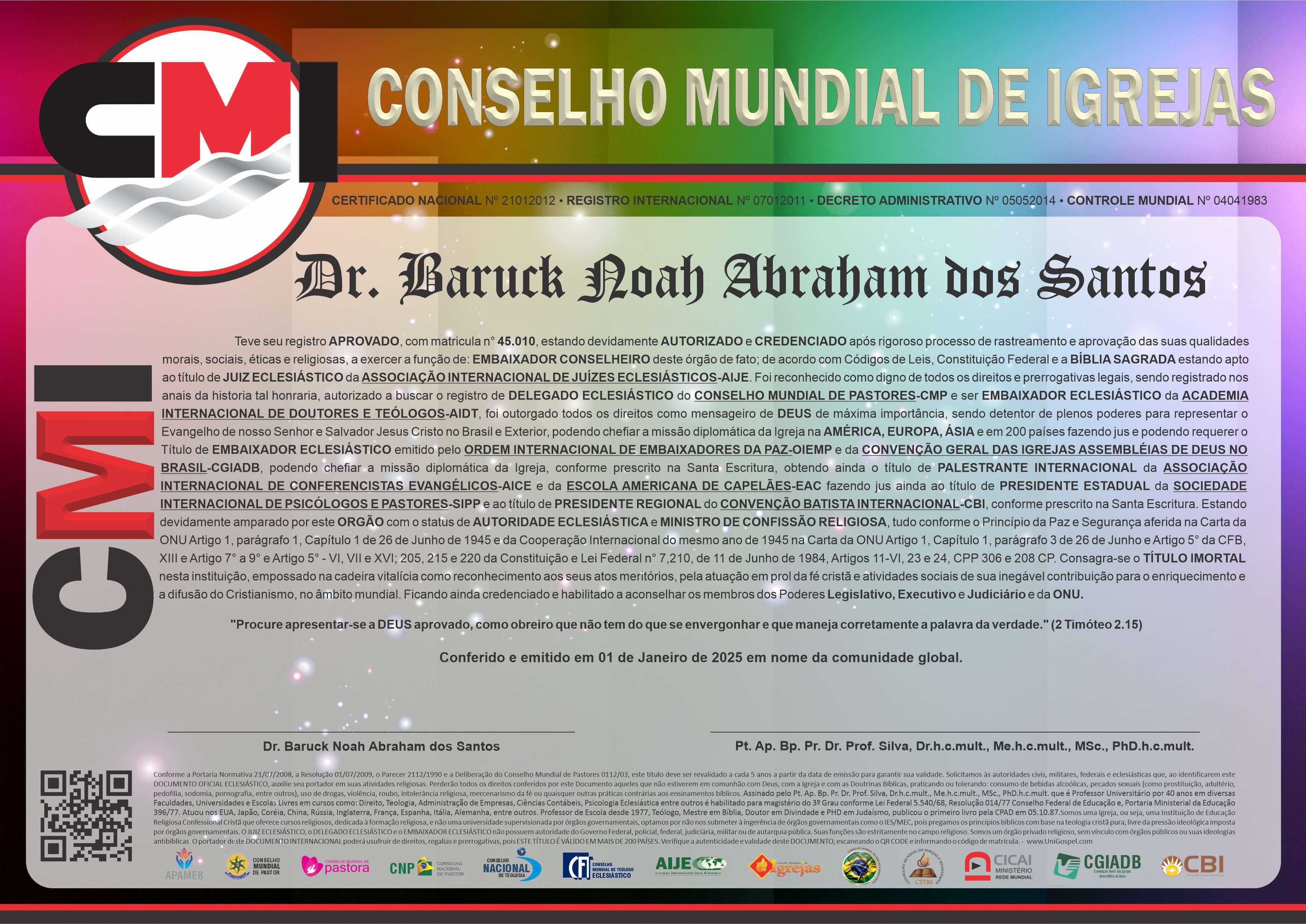Diploma de Membro Conselho Mundial de Igrejas