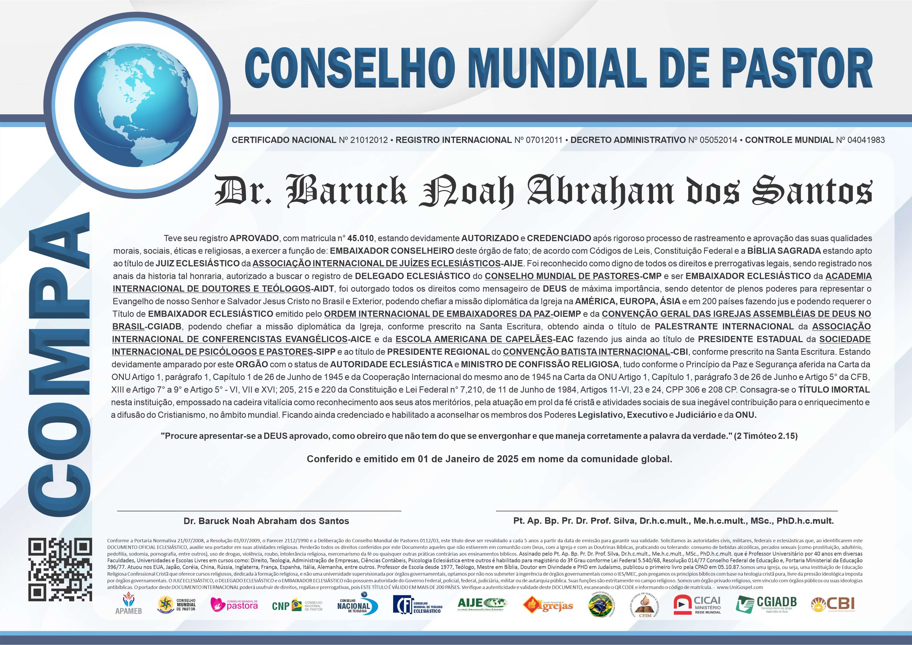 Diploma de Membro Conselho Mundial de Pastor