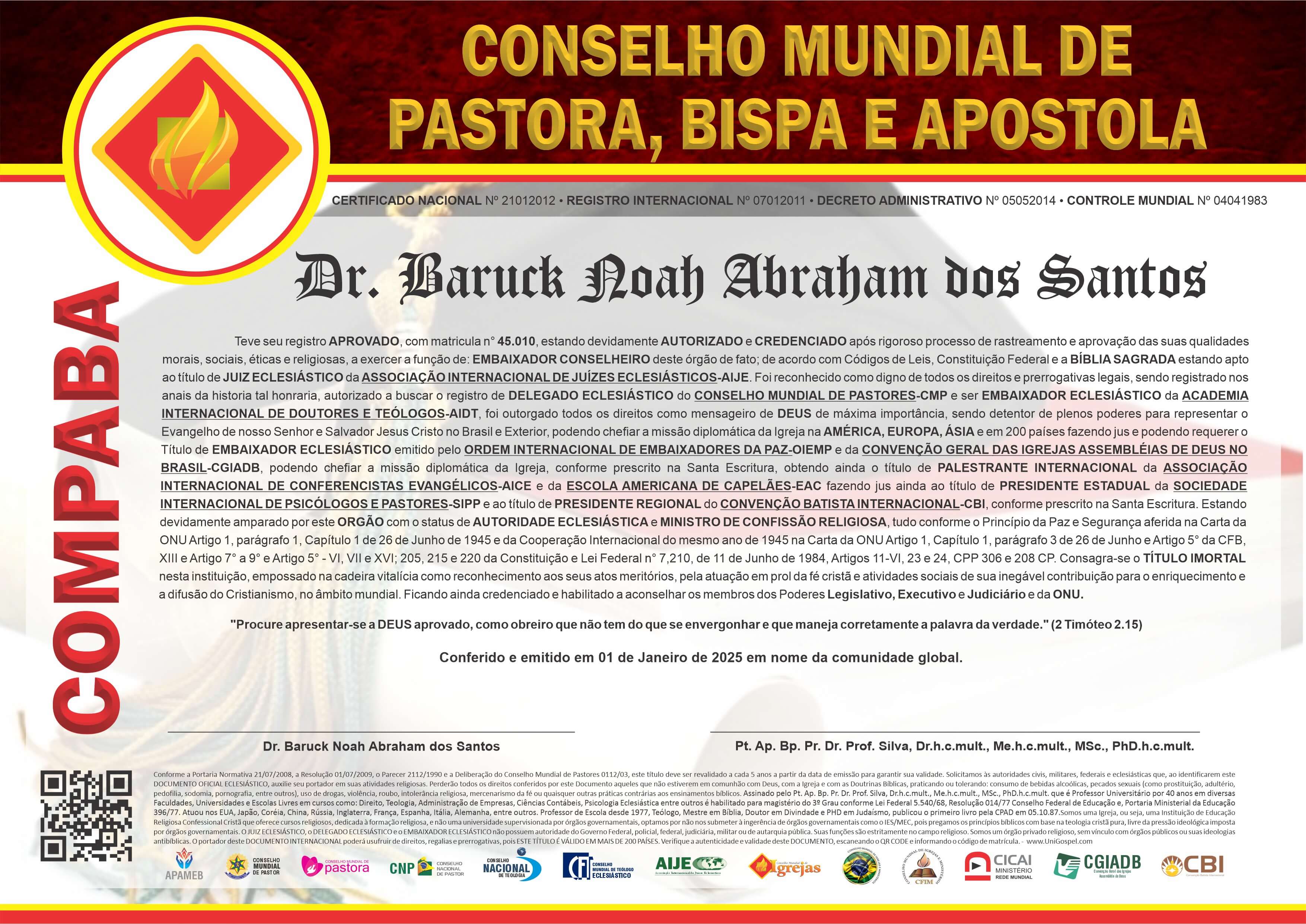 Diploma de Membro Conselho Mundial de Pastora, Bispa e Apóstola