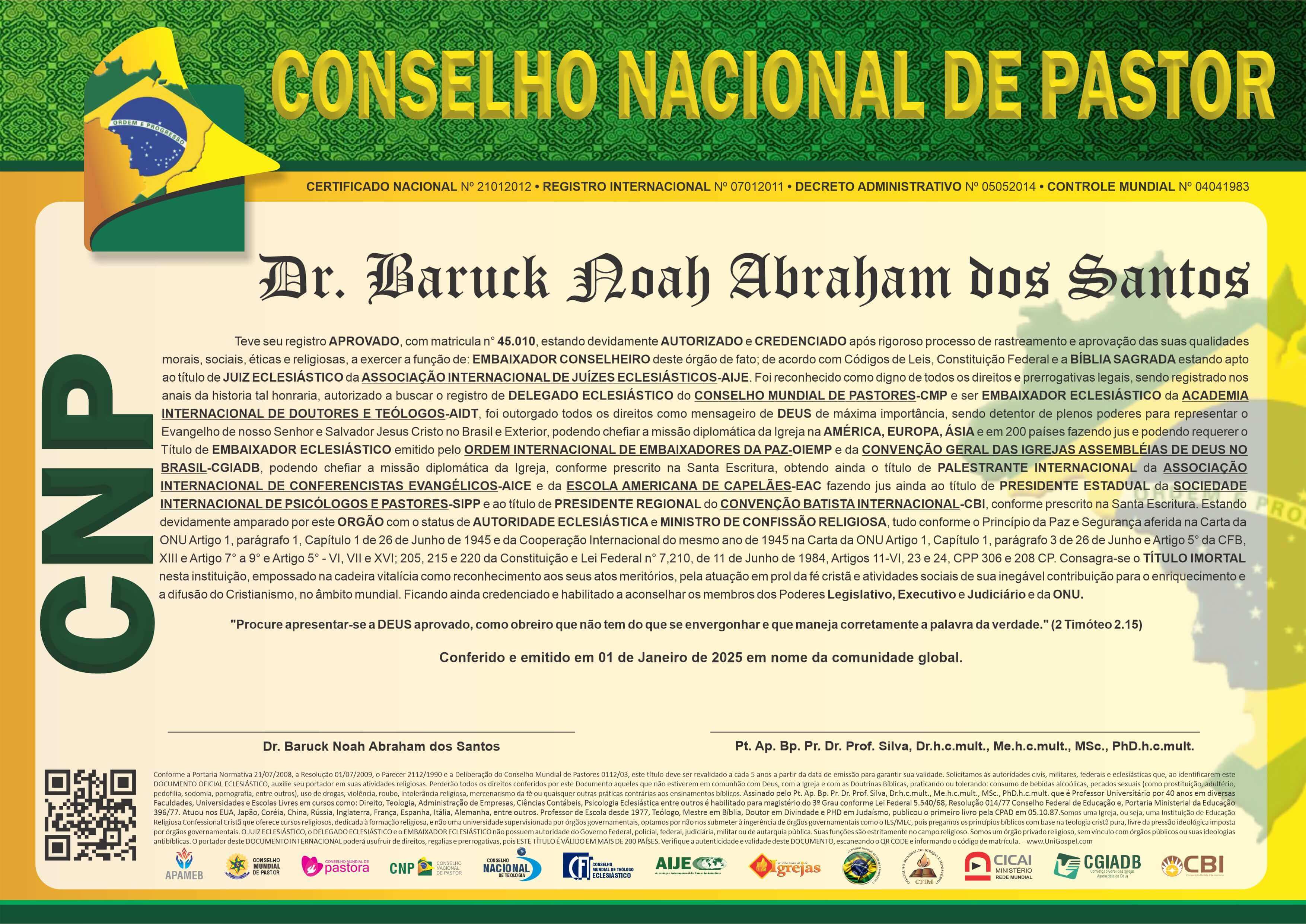 Diploma de Membro Conselho Nacional de Pastor