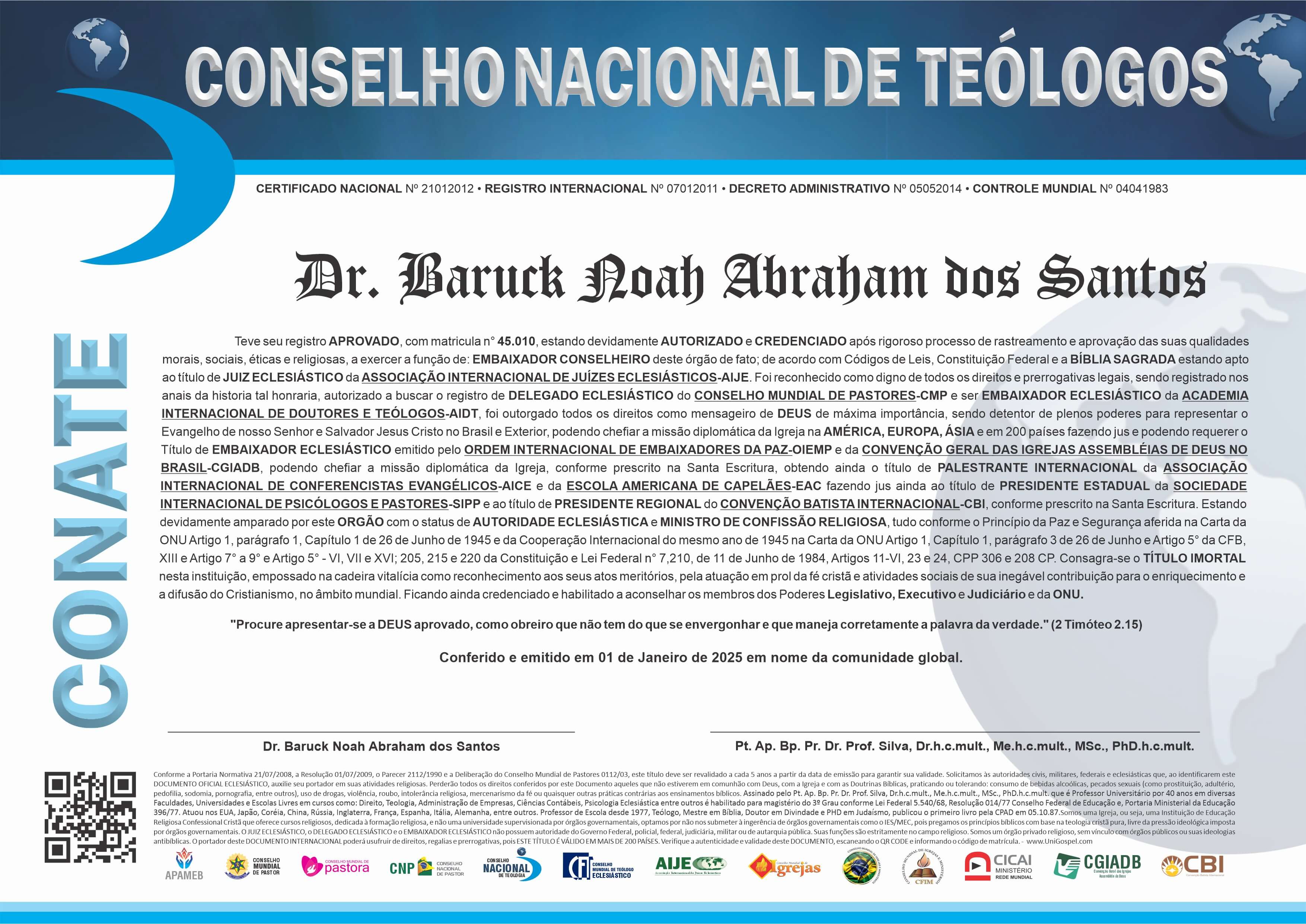 Diploma de Membro Conselho Nacional de Teólogos