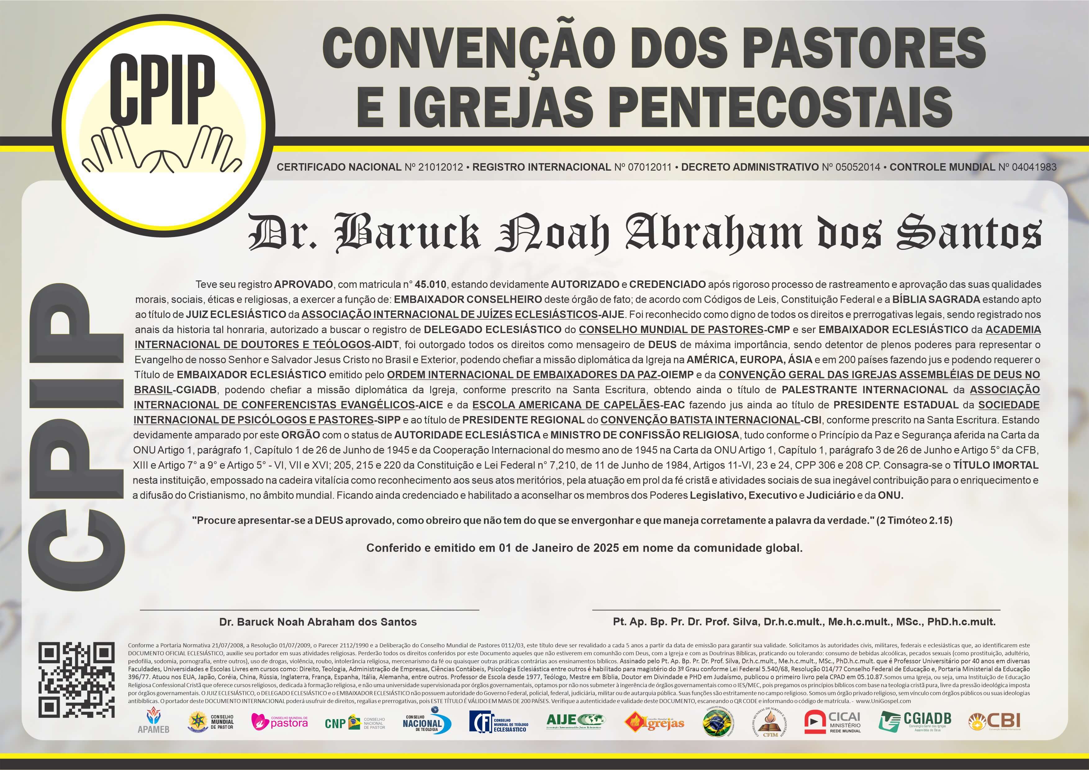 Diploma de Membro Convenção dos Pastores e Igrejas Pentecostais