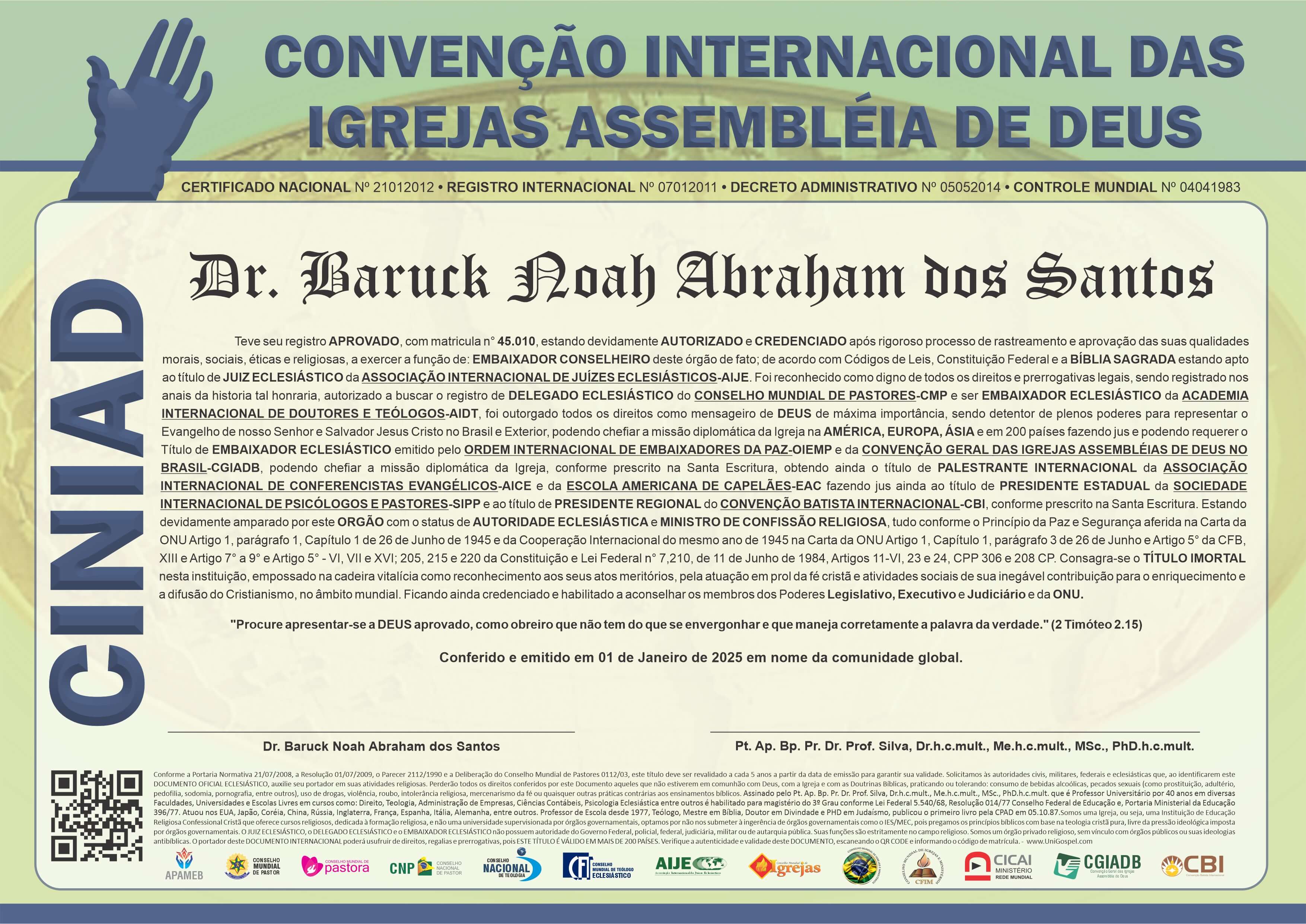 Diploma de Membro Convenção Internacional das Igrejas Assembleia de Deus