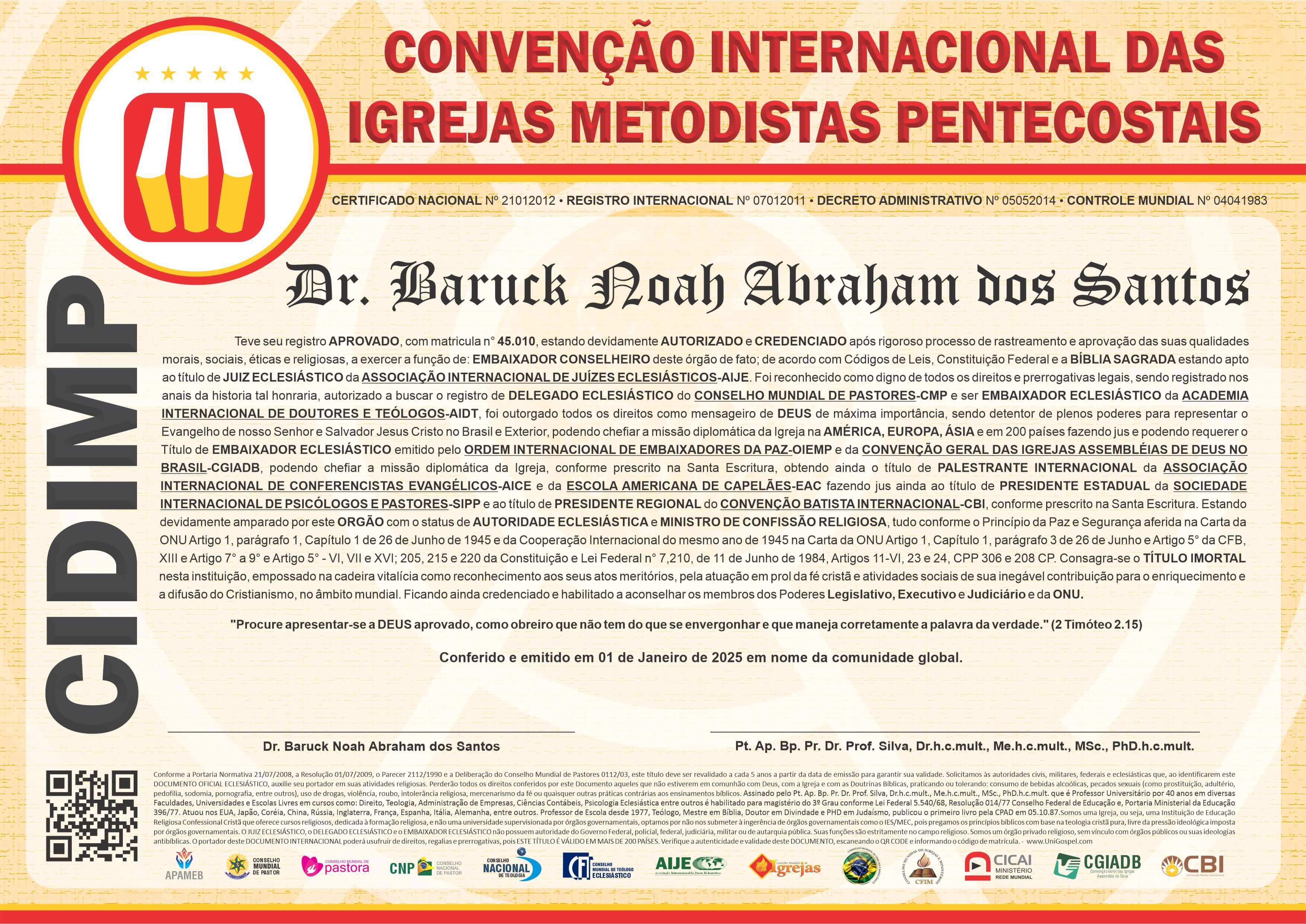 Diploma de Membro Convenção Internacional das Igrejas Metodistas Pentecostais