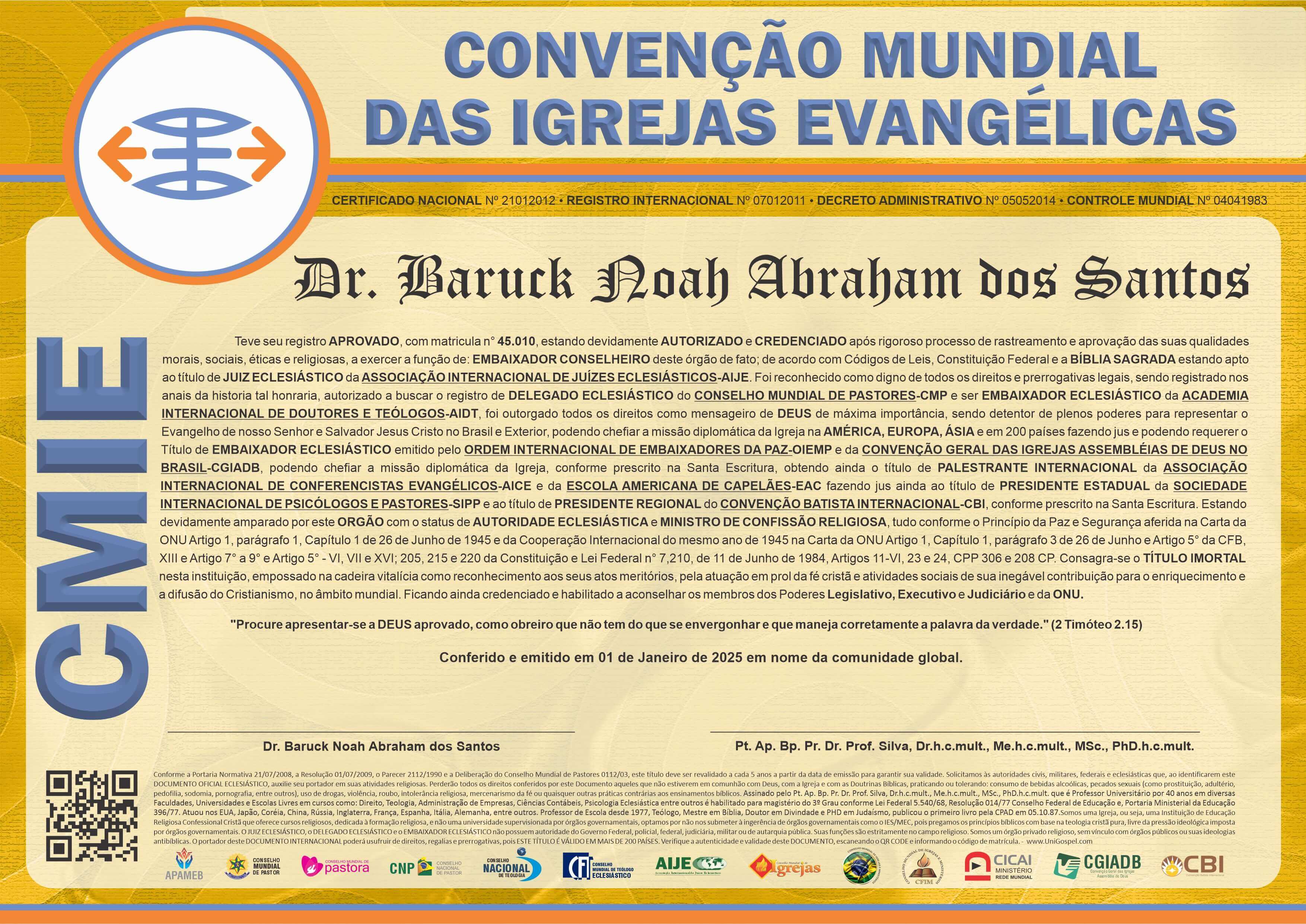 Diploma de Membro Convenção Mundial das Igrejas Evangélicas