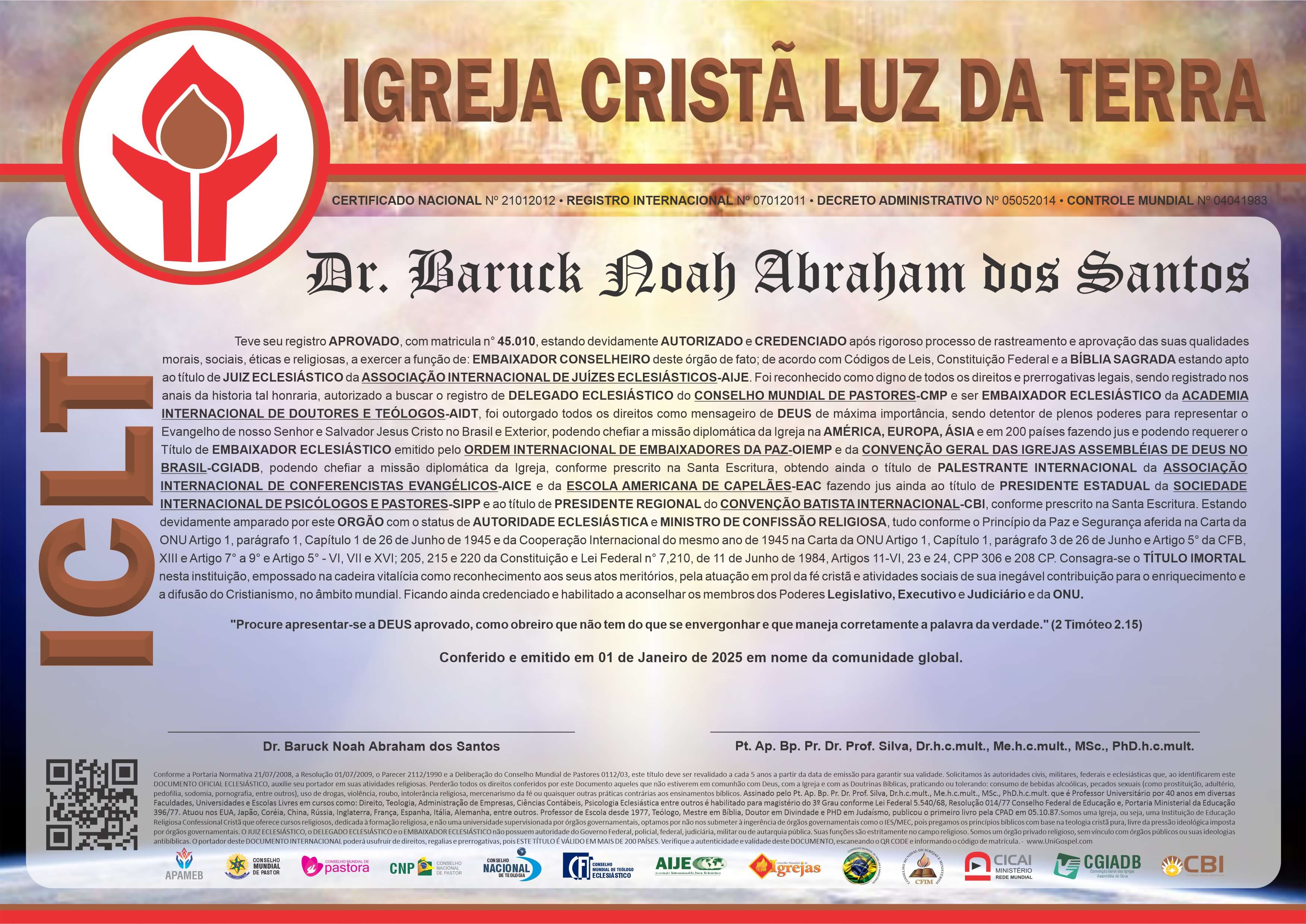 Diploma de Membro Igreja Cristã Luz da Terra