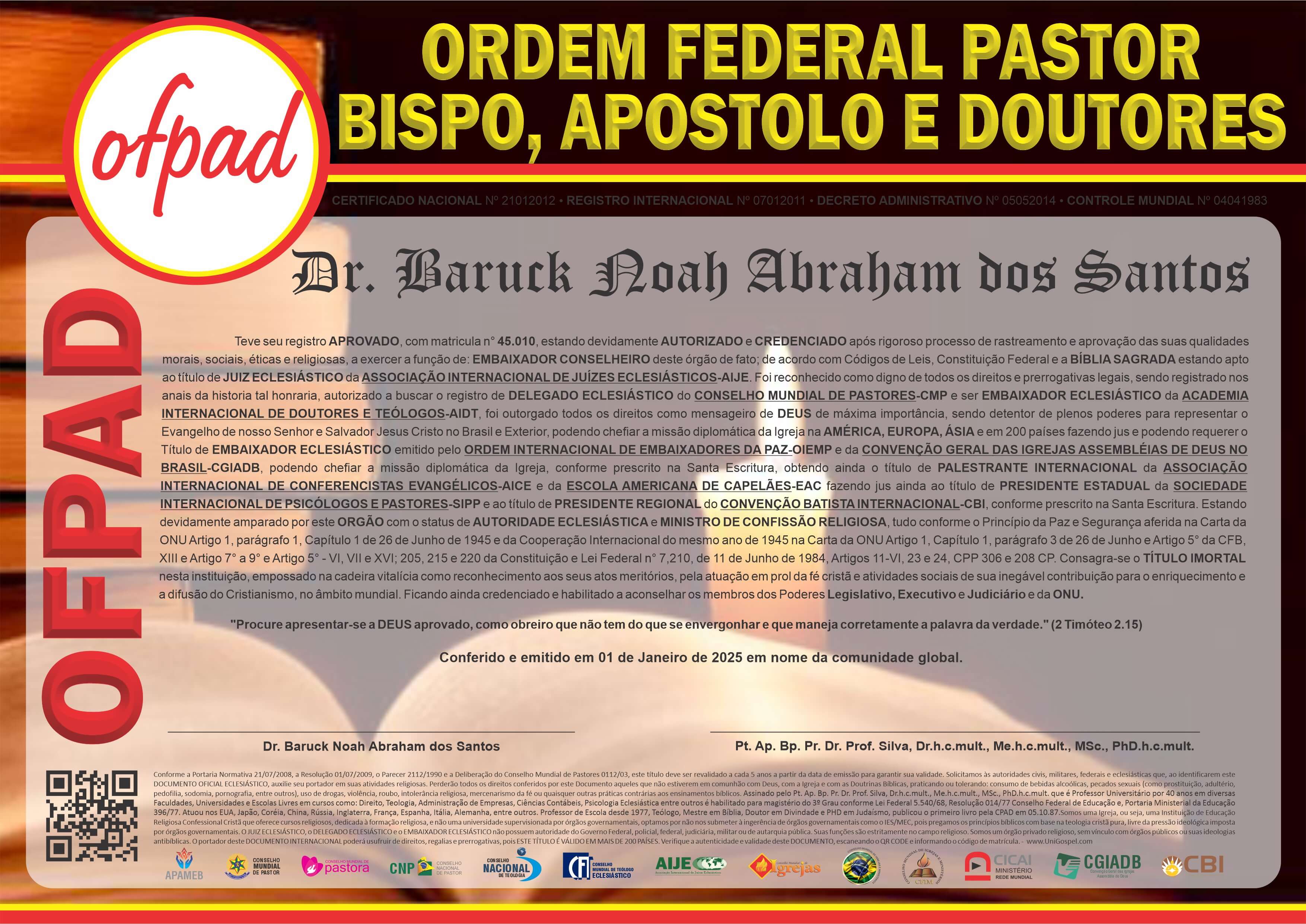 Diploma de Membro Ordem Federal Pastor, Bispo, Apóstolo e Doutores