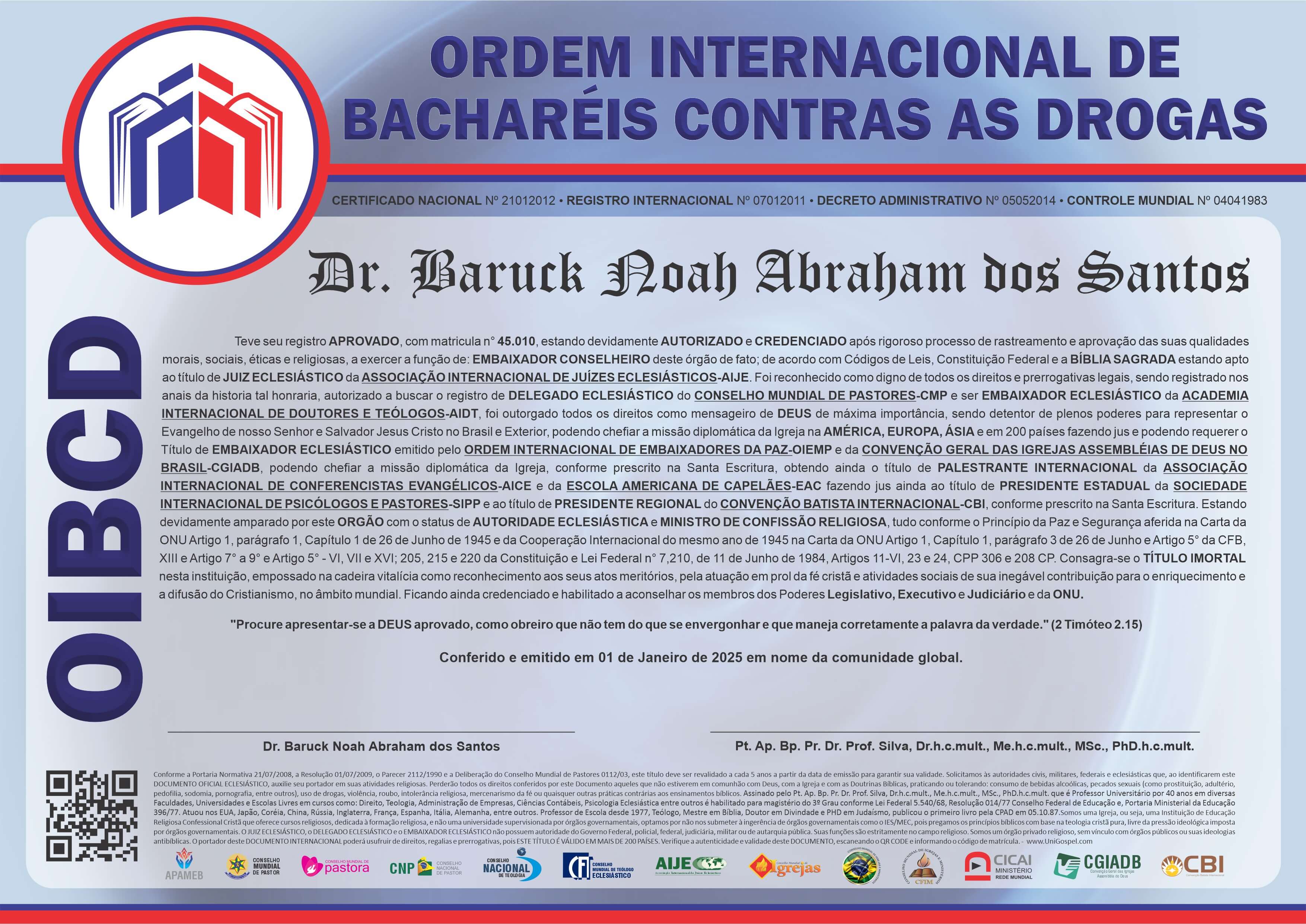 Diploma de Membro Ordem Internacional de Bacharéis contra as Drogas