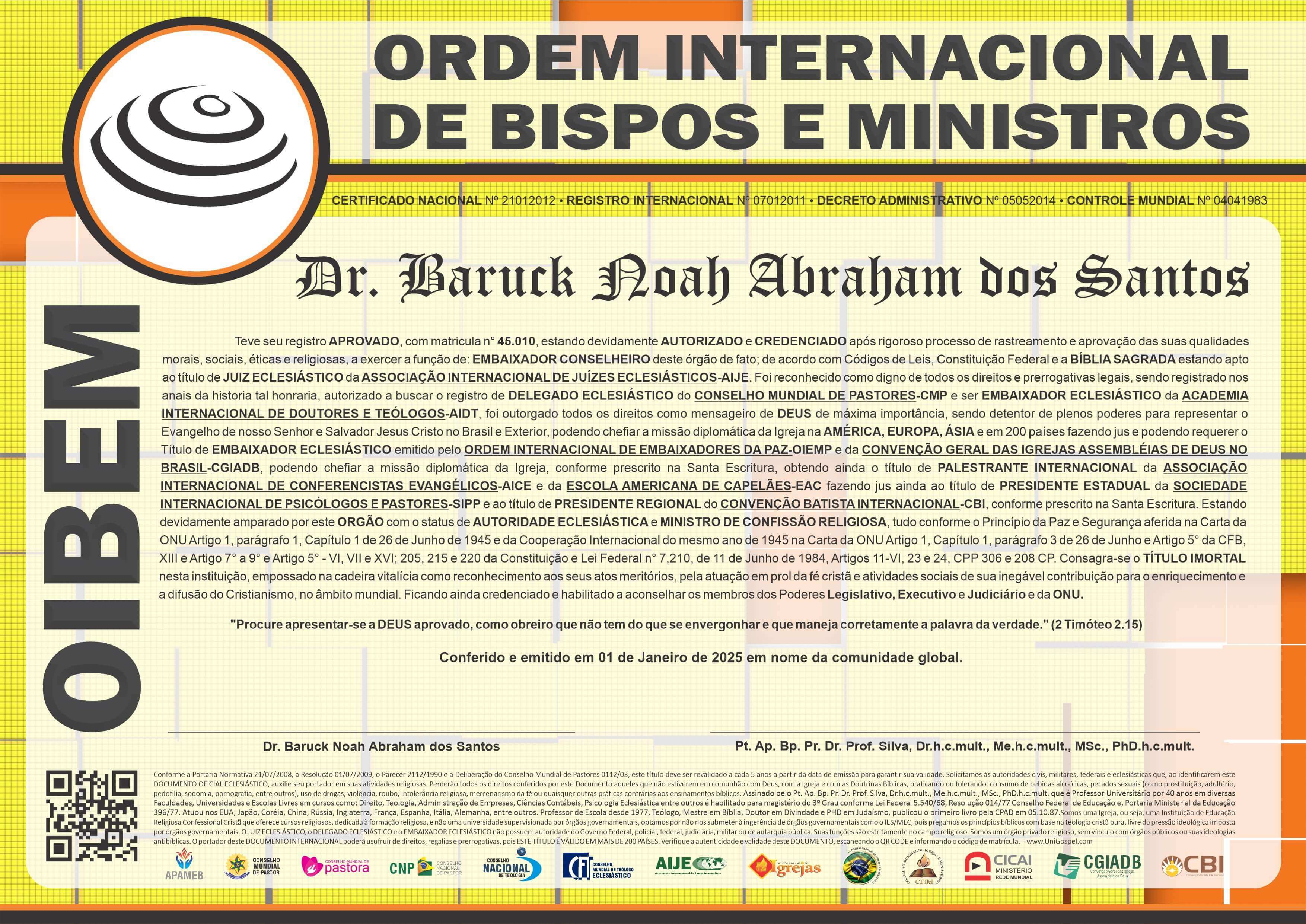 Diploma de Membro Ordem Internacional de Bispos e Ministros