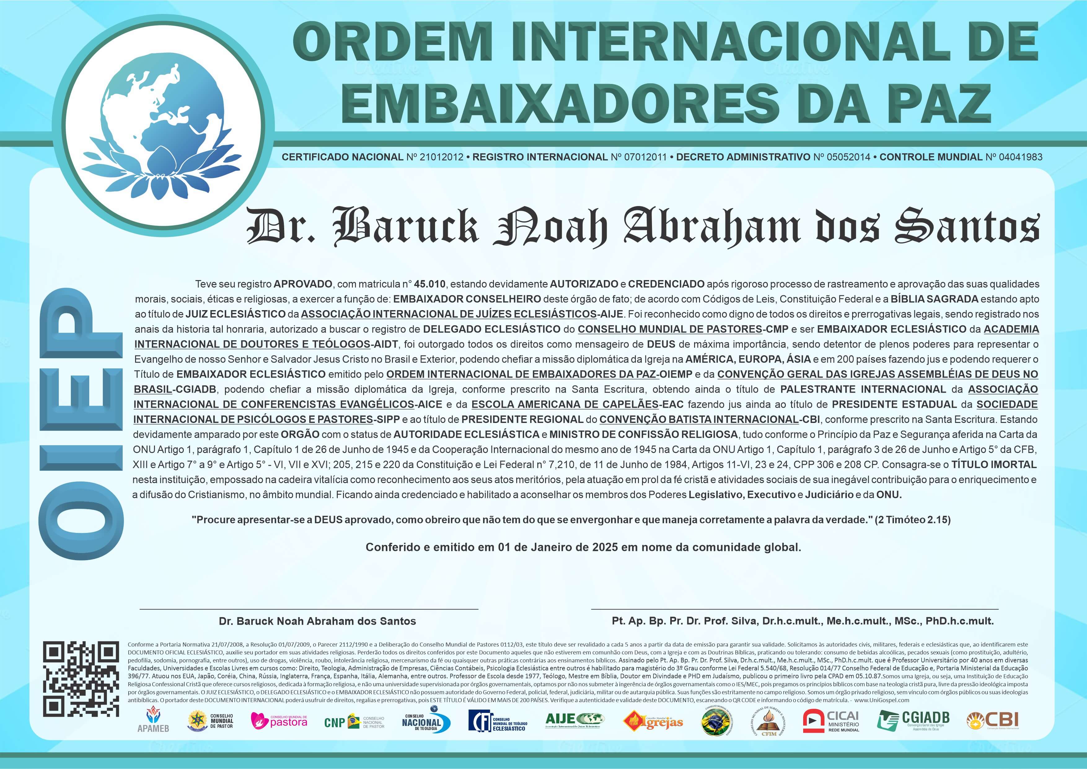 Diploma de Membro Ordem Internacional de Embaixadores da Paz