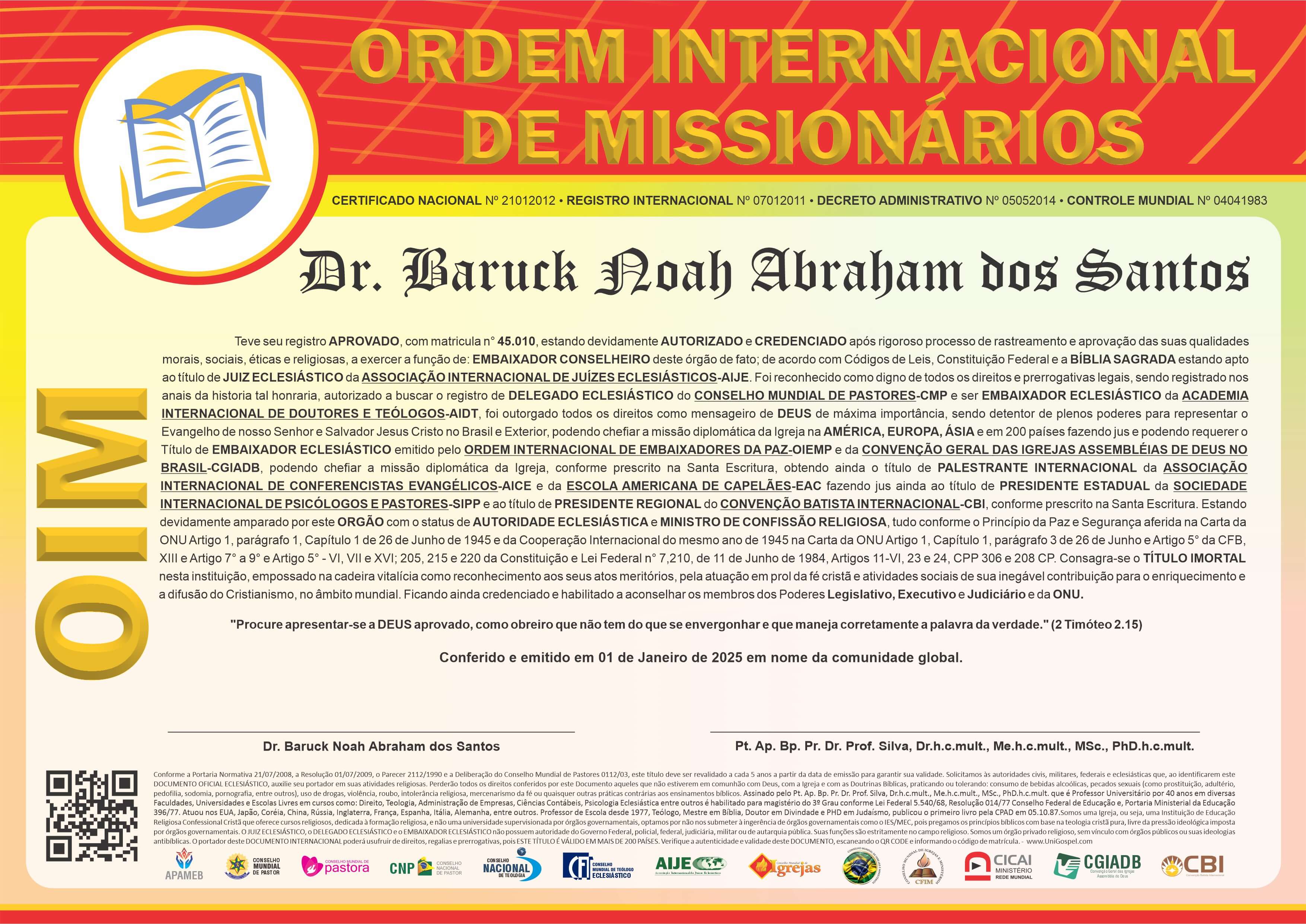 Diploma de Membro Ordem Internacional de Missionários