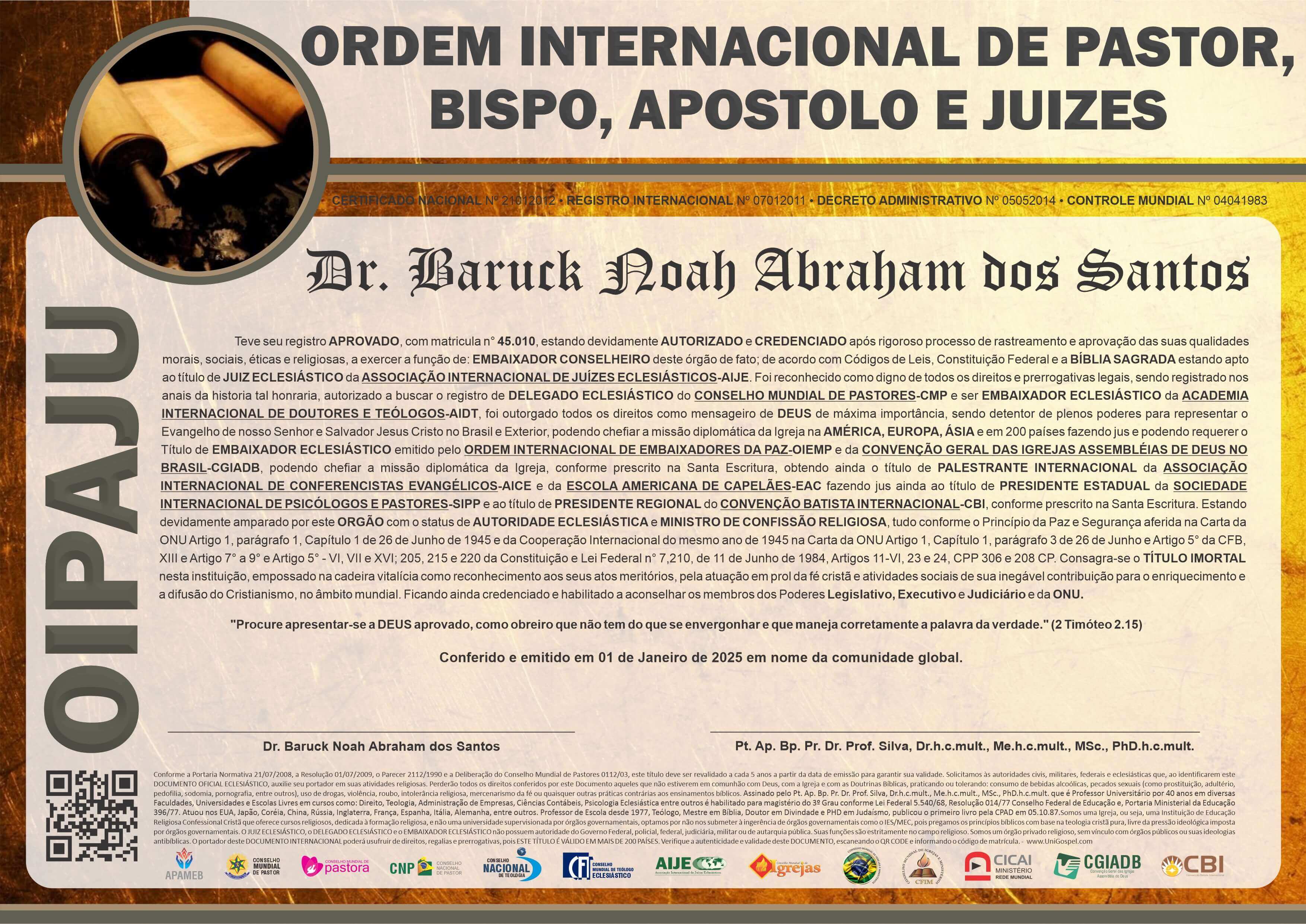 Diploma de Membro Ordem Internacional de Pastor, Bispo, Apóstolo e Juizes