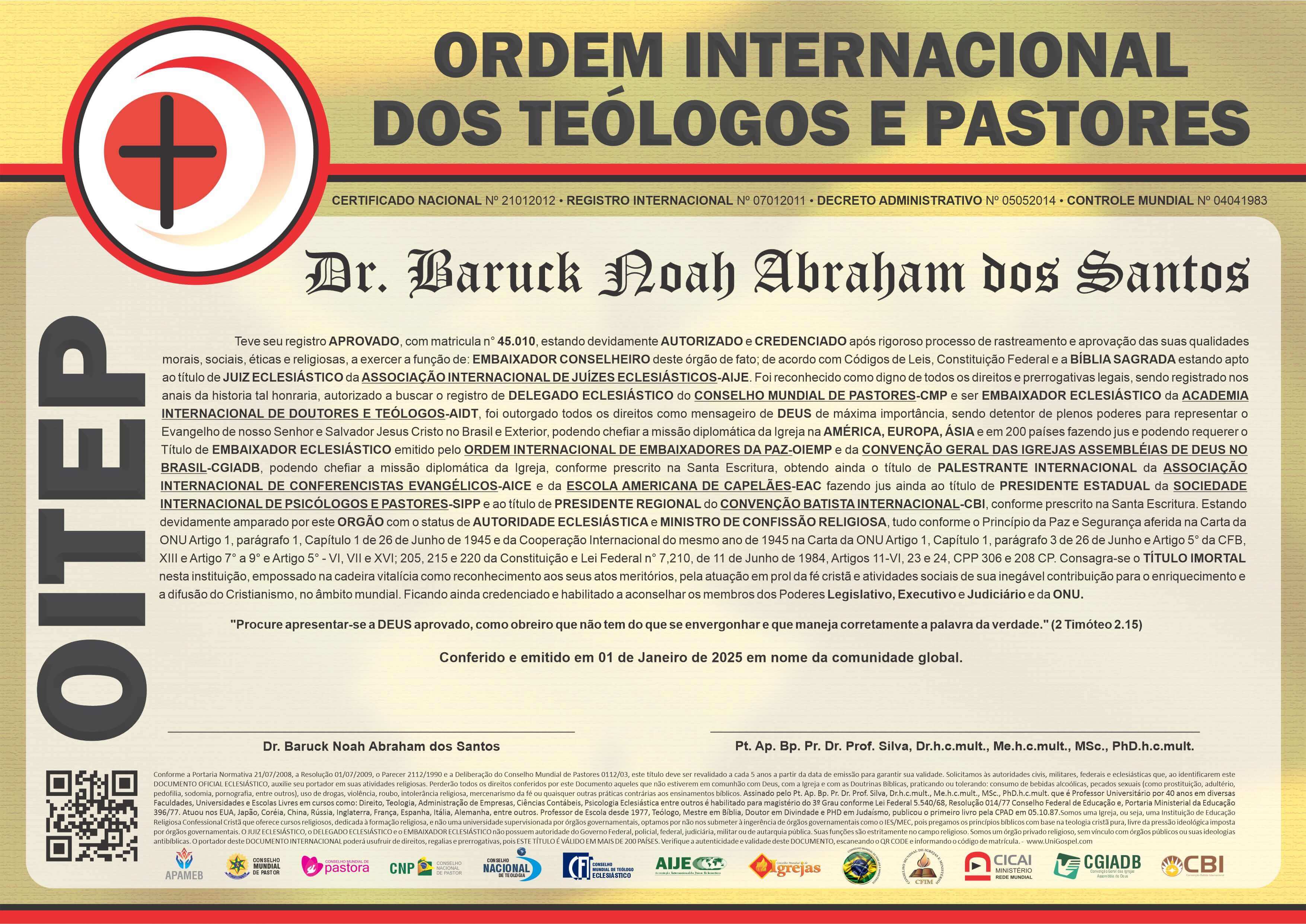 Diploma de Membro Ordem Internacional dos Teólogos e Pastores