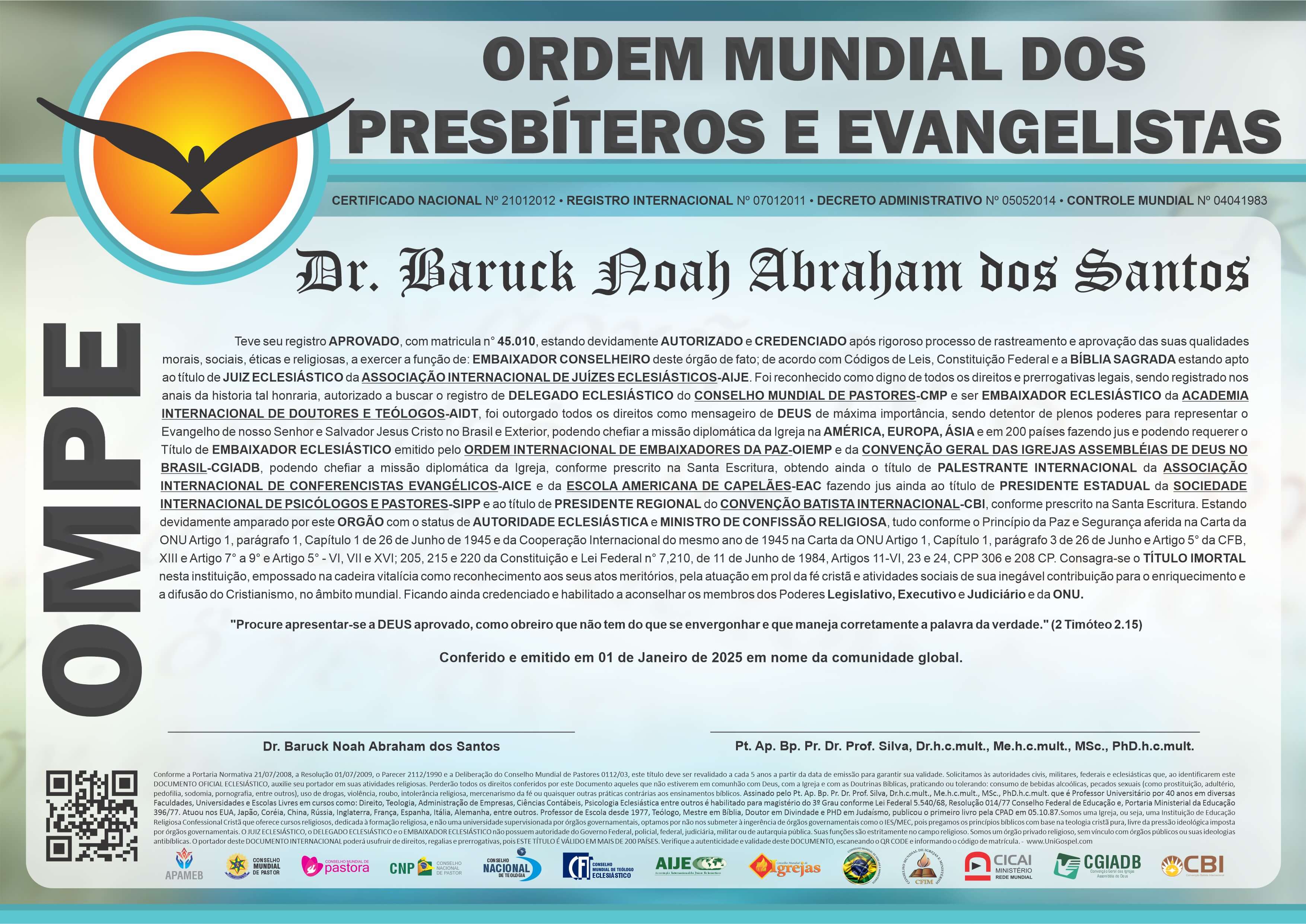 Diploma de Membro Ordem Mundial dos Presbíteros e Evangelistas