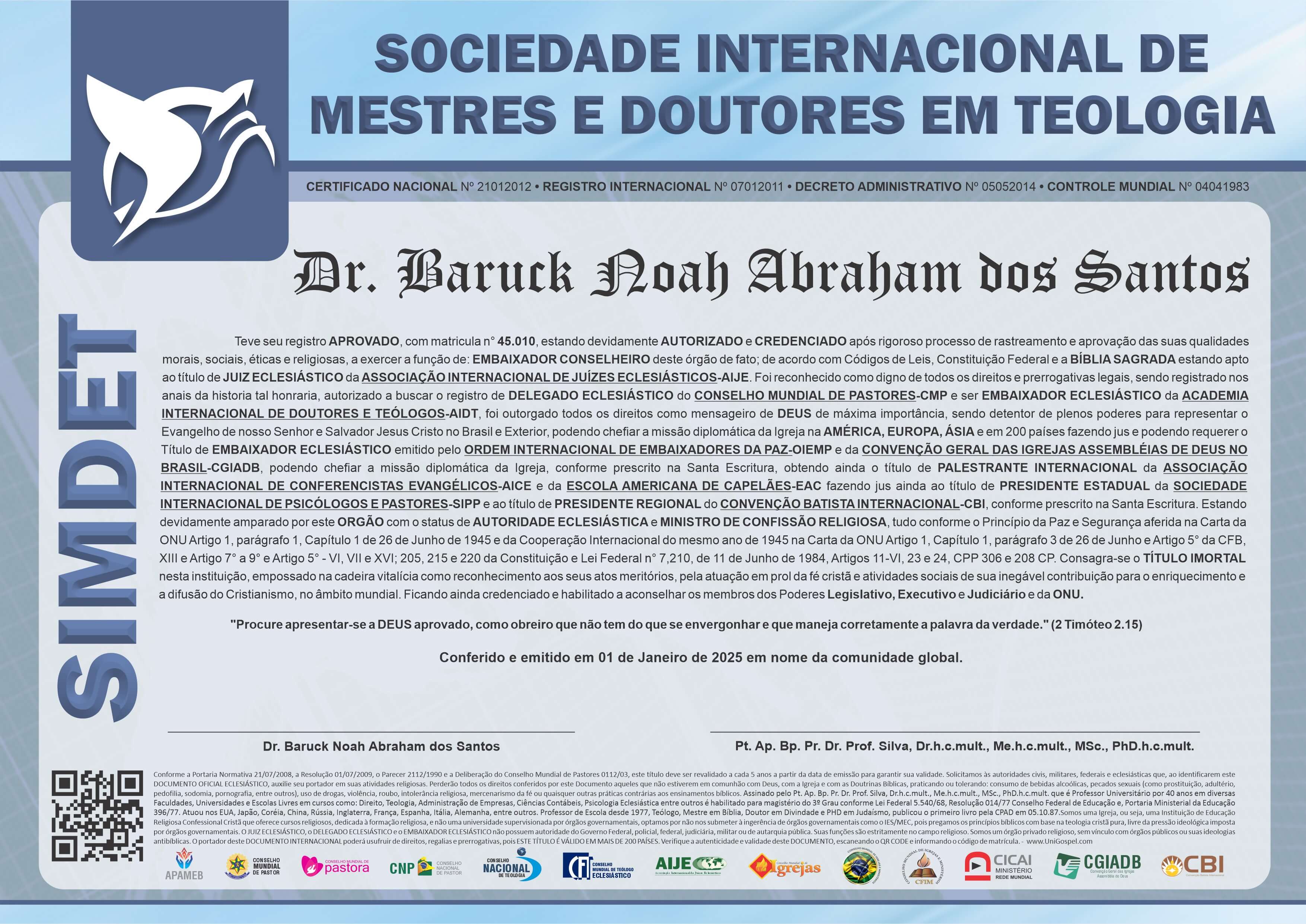 Diploma de Membro Sociedade Internacional de Mestres e Doutores em Teologia