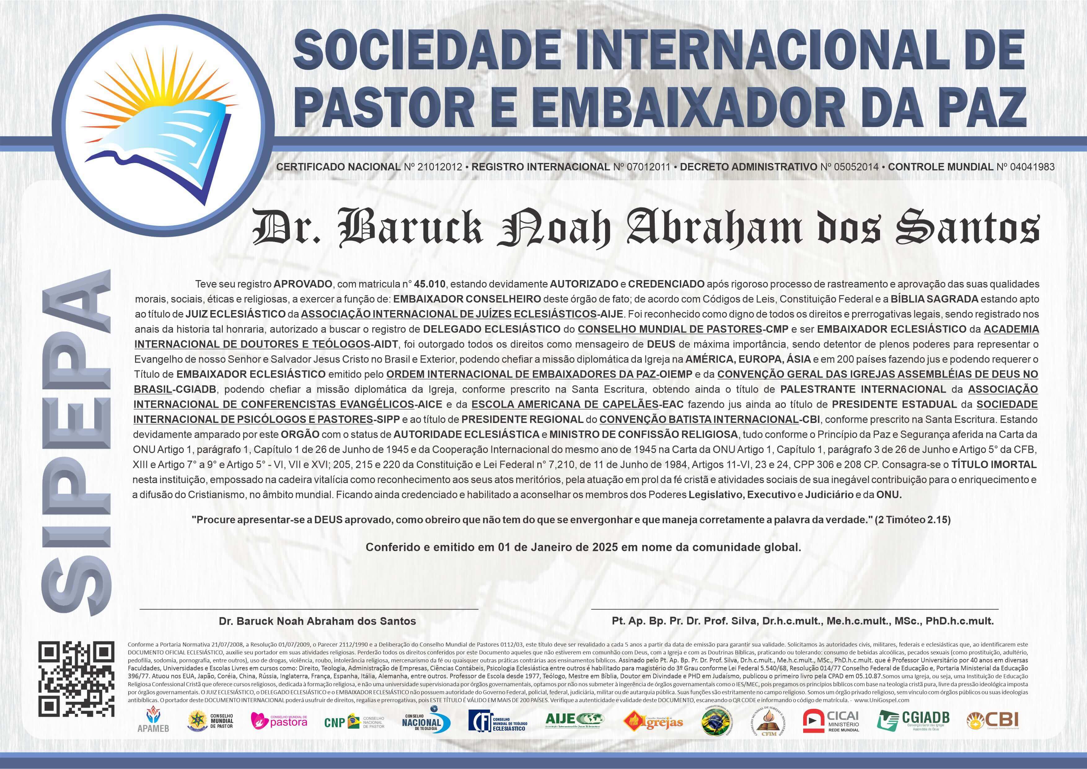 Diploma de Membro Sociedade Internacional de Pastor e Embaixador da Paz