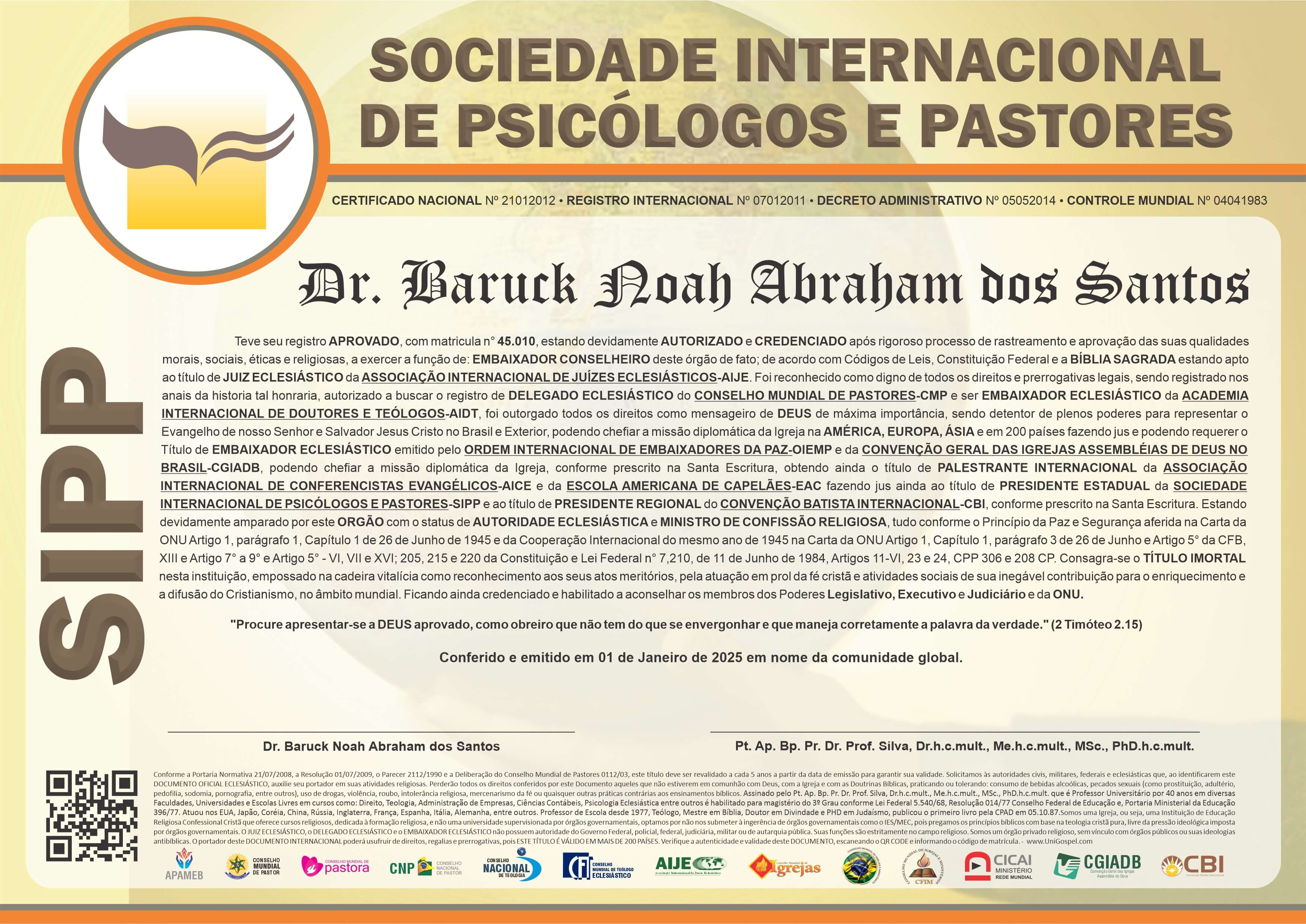 Diploma de Membro Sociedade Internacional de Psicólogos e Pastores