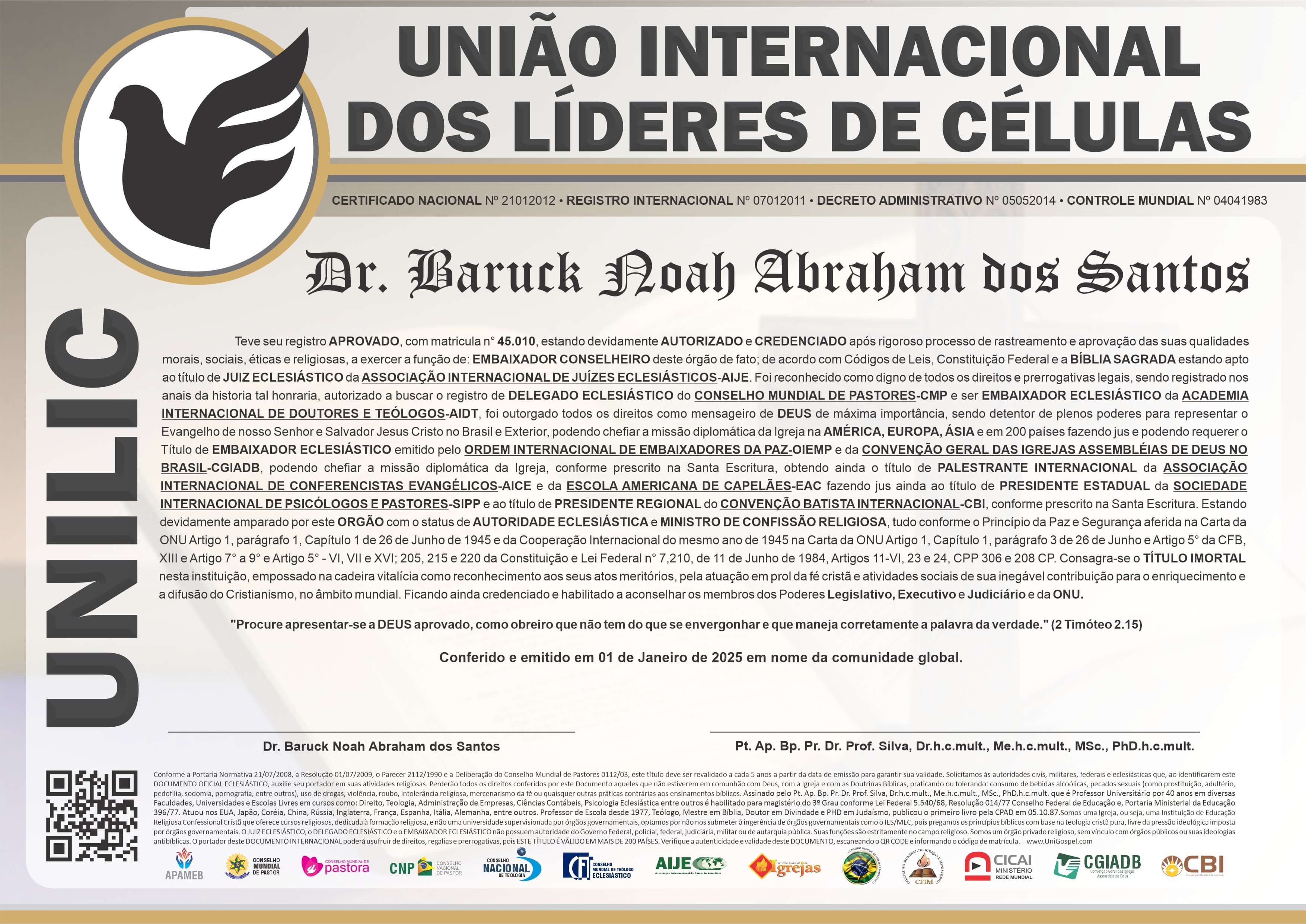 Diploma de Membro União Internacional dos Líderes de Células