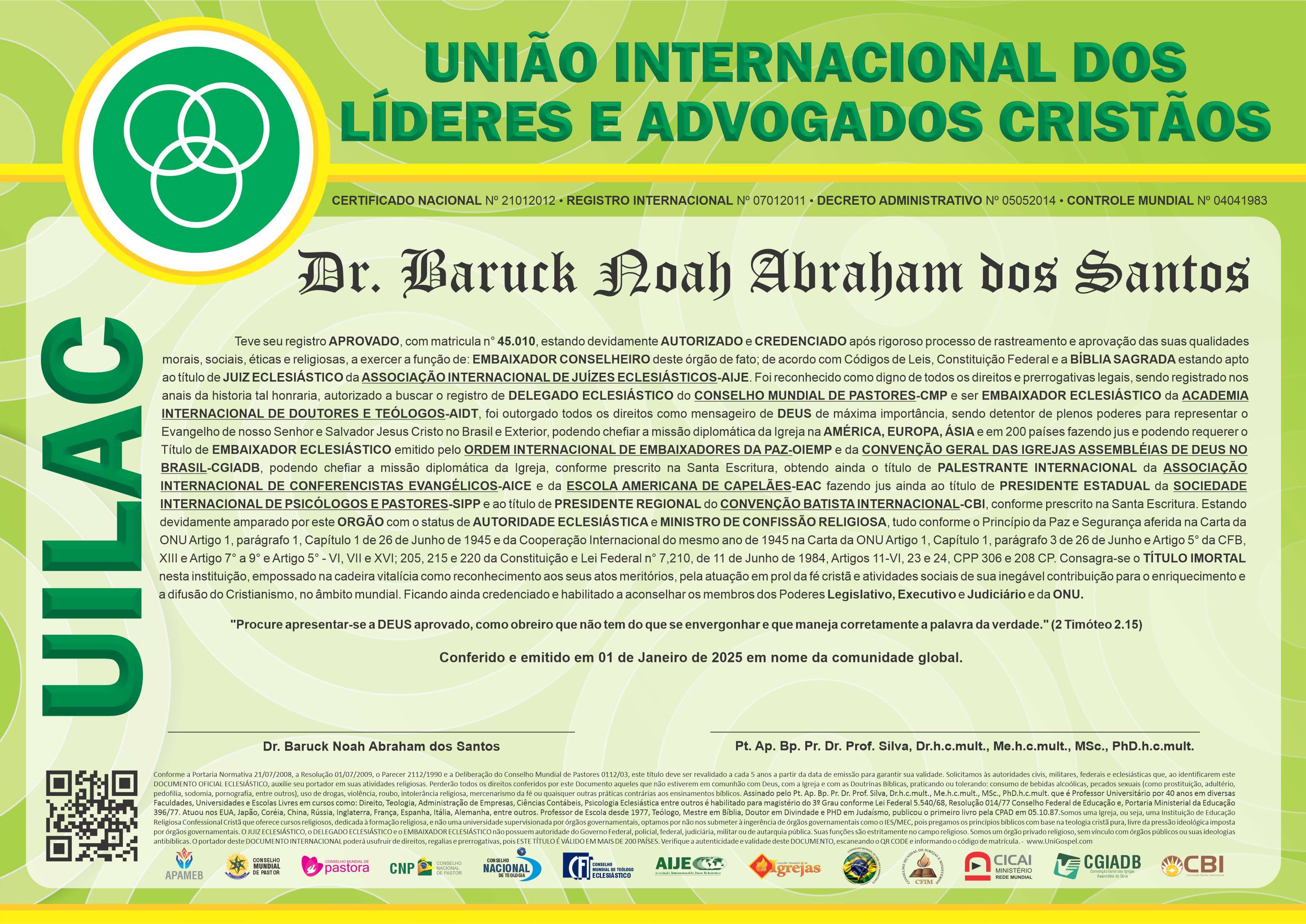 Diploma de Membro União Internacional dos Líderes e Advogados Cristãos